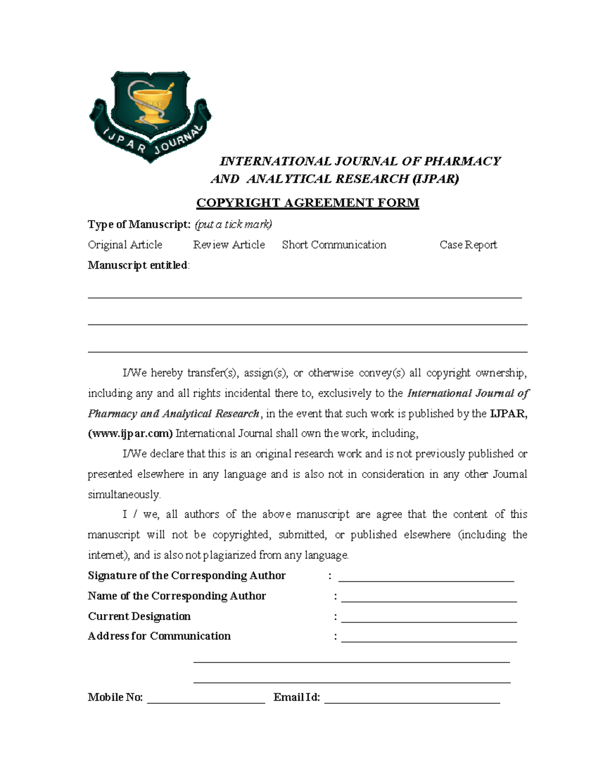 COPY Right Agreement FORM Ijpar - INTERNATIONAL JOURNAL AND COPYRIGHT ...
