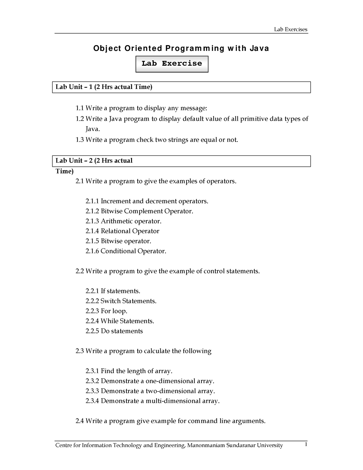 Java Programming - Lab Exercises Lab Exercise Obj E Ct Or Ie N T E D Pr ...