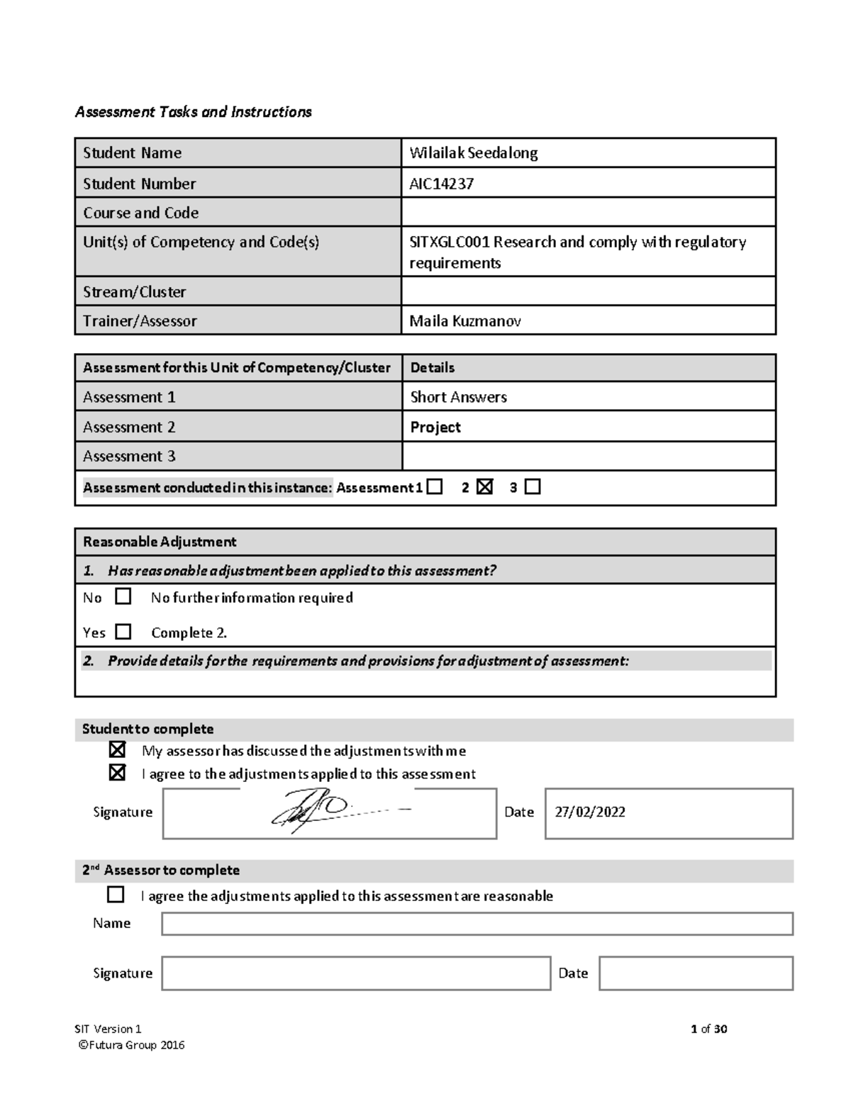 Sitxglc 001 Assessment 2 -Project - SIT Version 1 1 of 30 Assessment ...