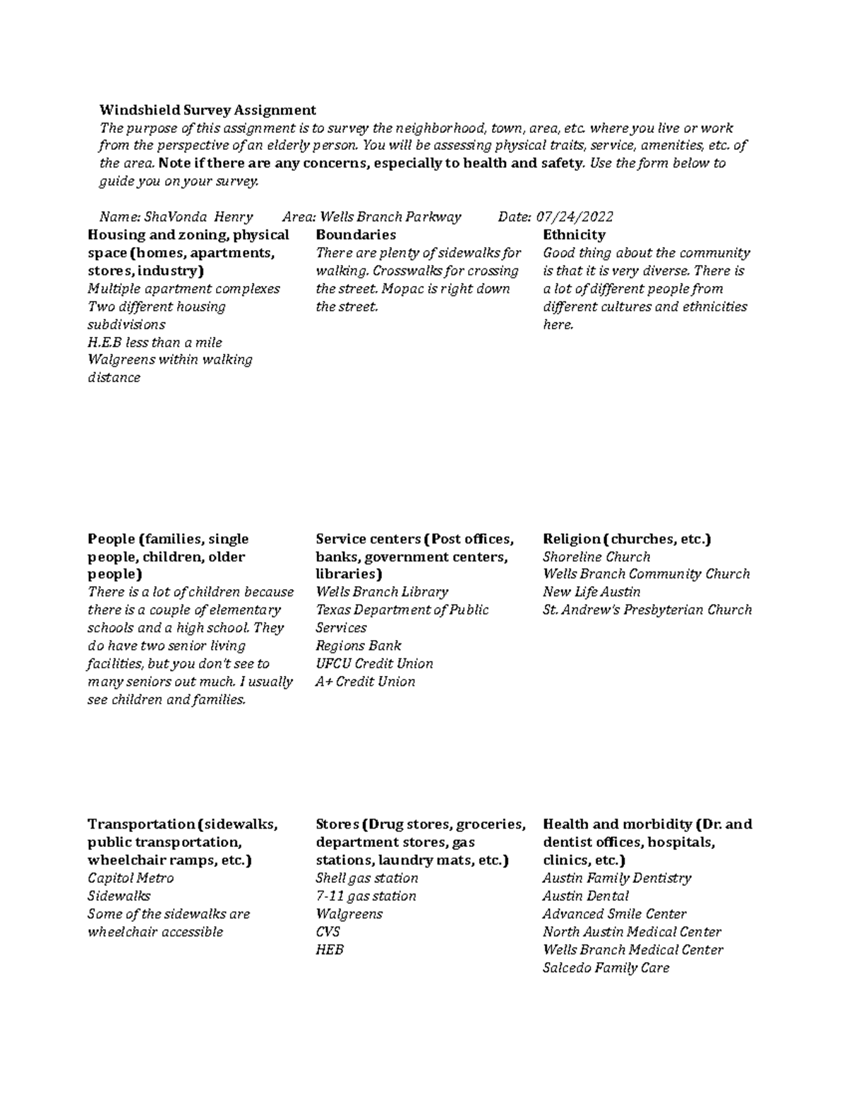 Windshield Survey Assignment Fillable Windshield Survey Assignment