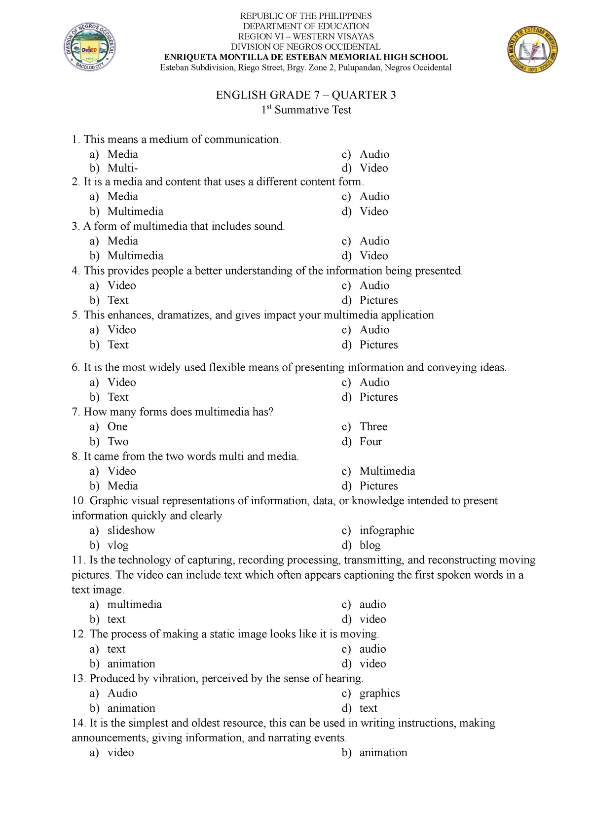 grade 7 english test with answers pdf philippines