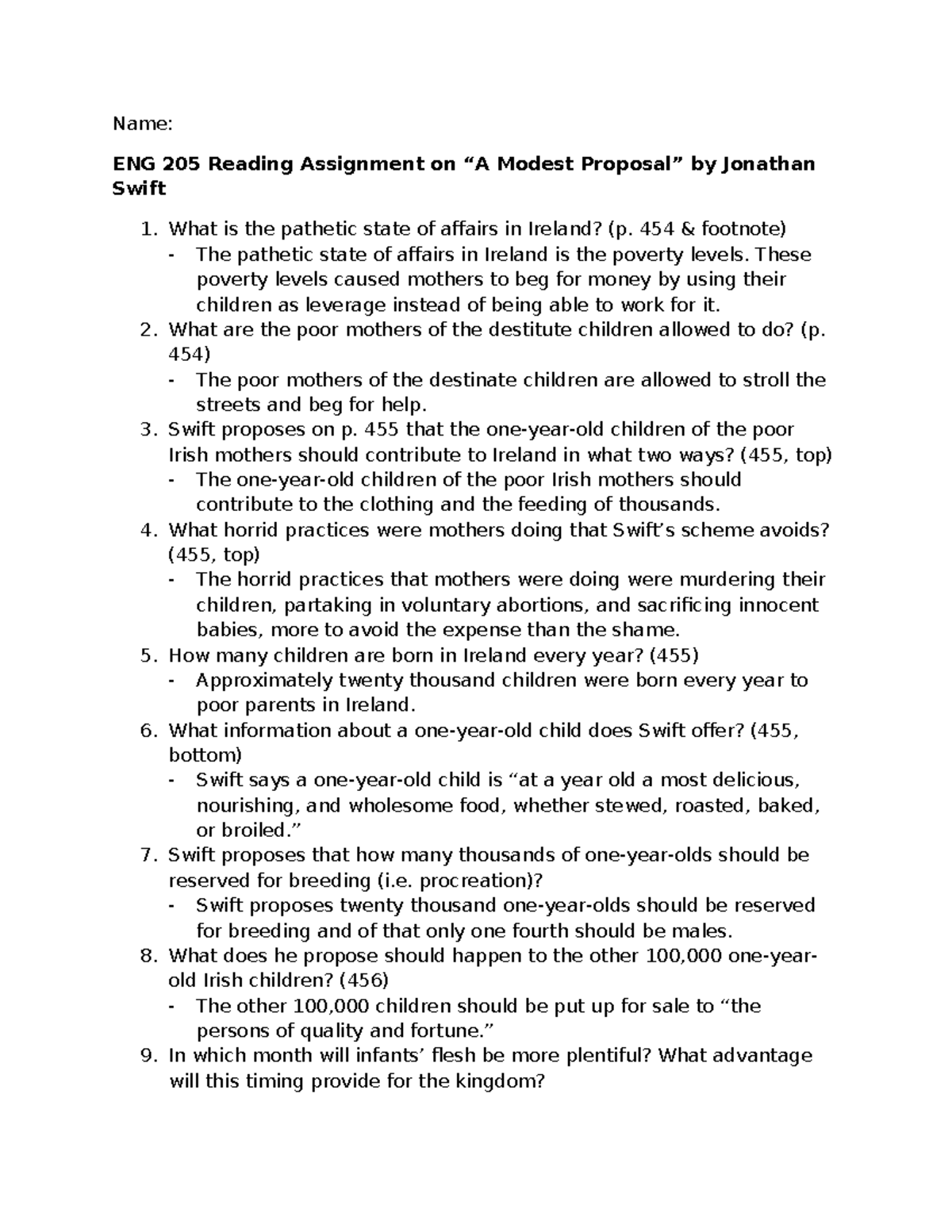 A Modest Proposal Reading Assignment - Name: ENG 205 Reading Assignment ...