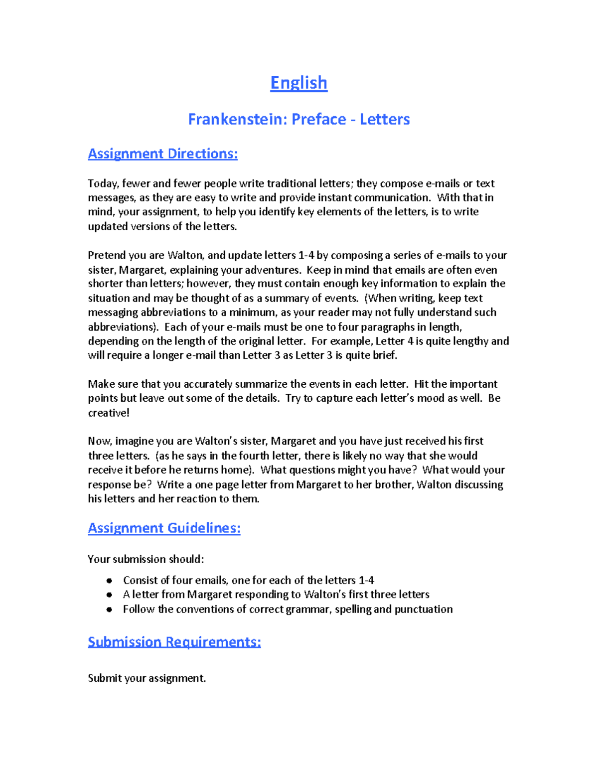 Frankenstein preface written Letter English Frankenstein Preface