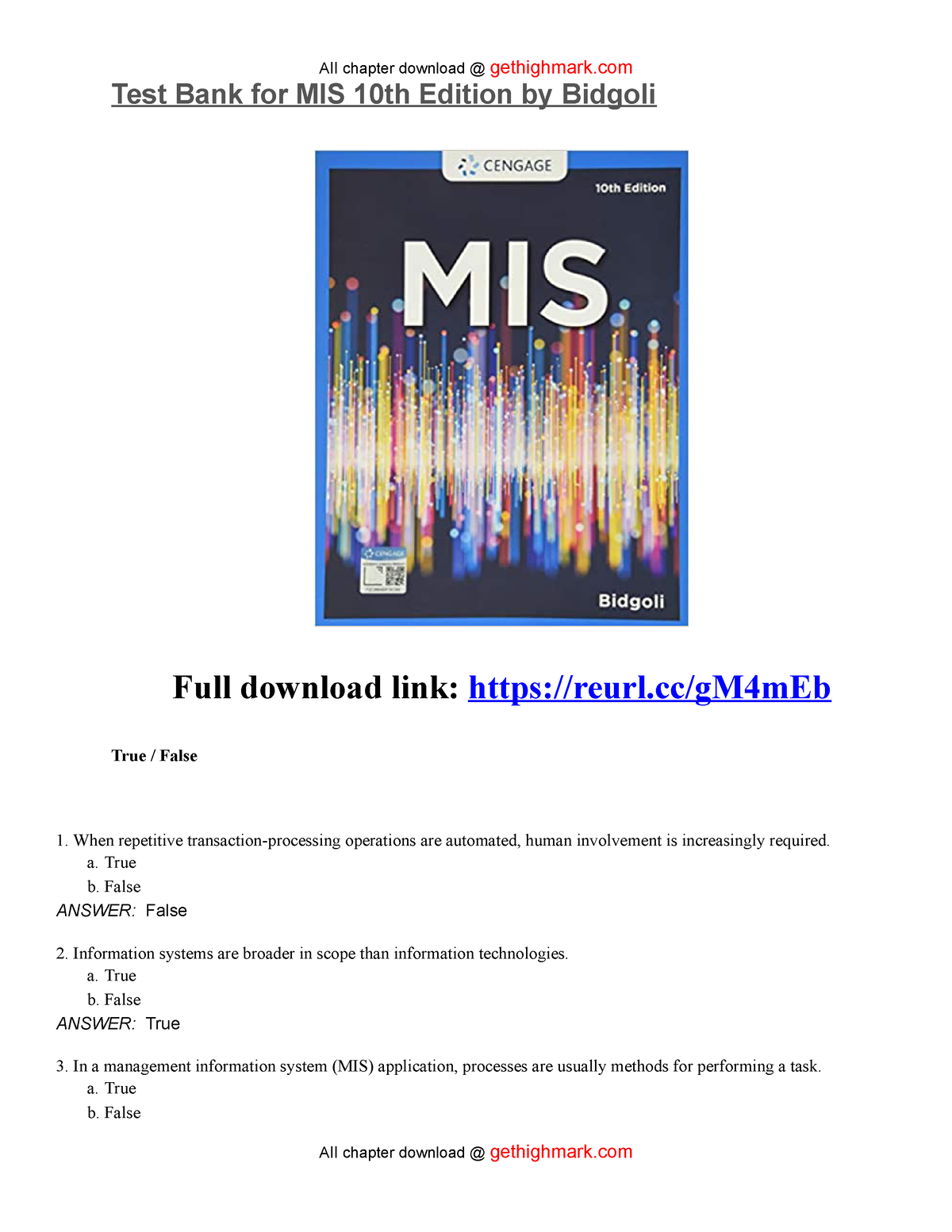 Test Bank For MIS 10th Edition By Bidgoli - A. True B. False ANSWER ...