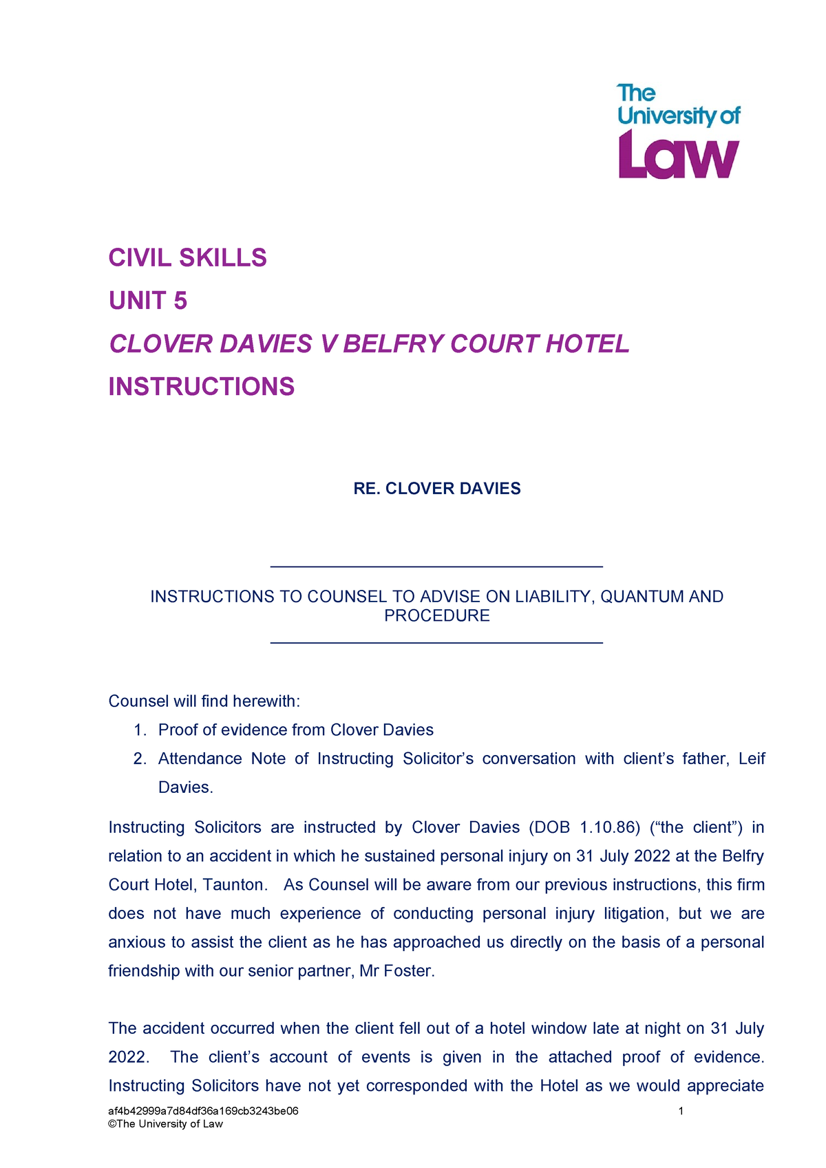 Case Paper - Davies - CIVIL SKILLS UNIT 5 CLOVER DAVIES V BELFRY COURT ...