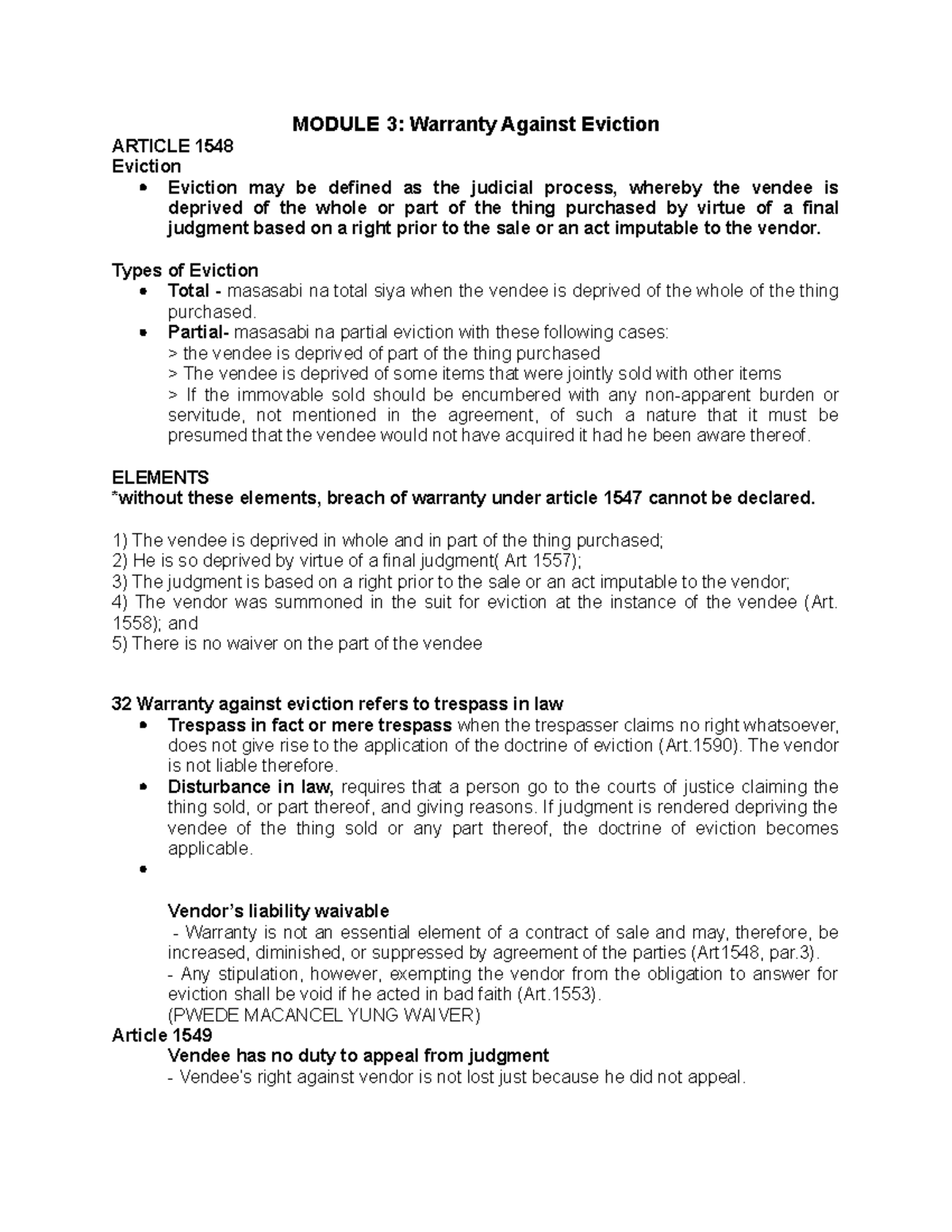 Module 3 Reviewer Business Laws and Reg Notes MODULE 3 Warranty