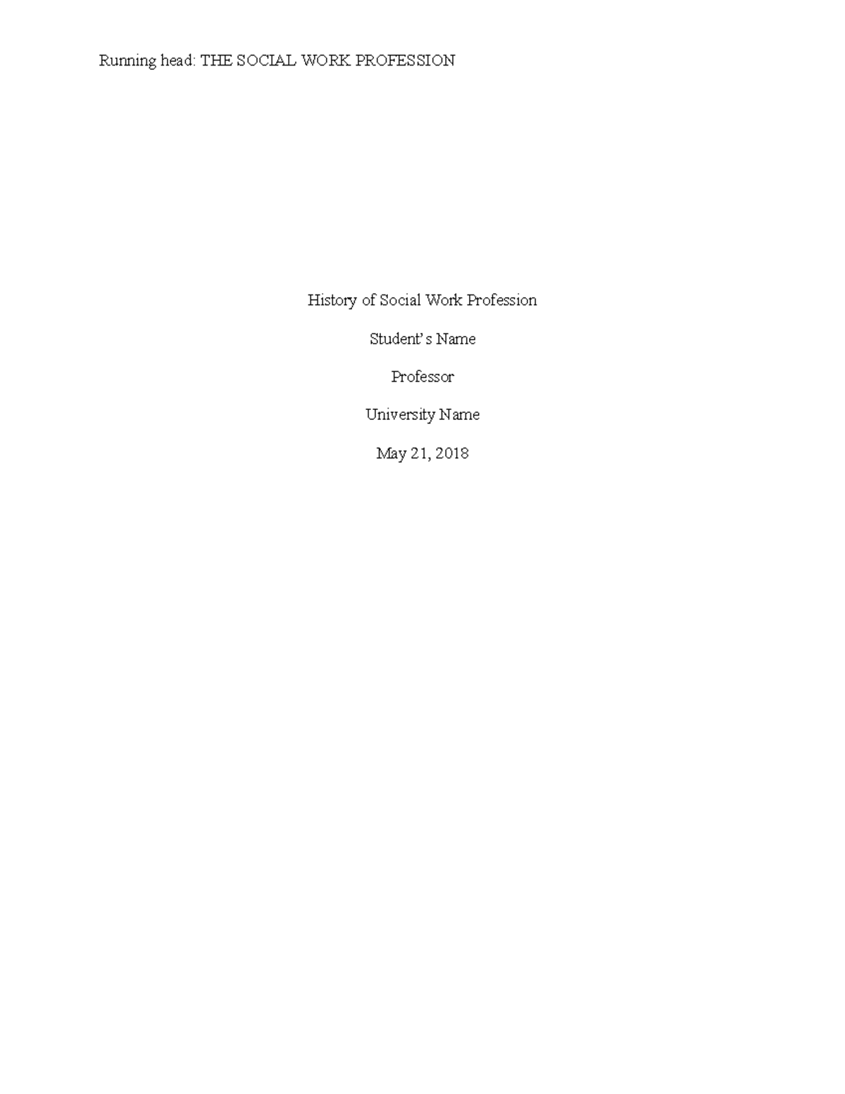 History of Social Work Profession Running head THE SOCIAL WORK