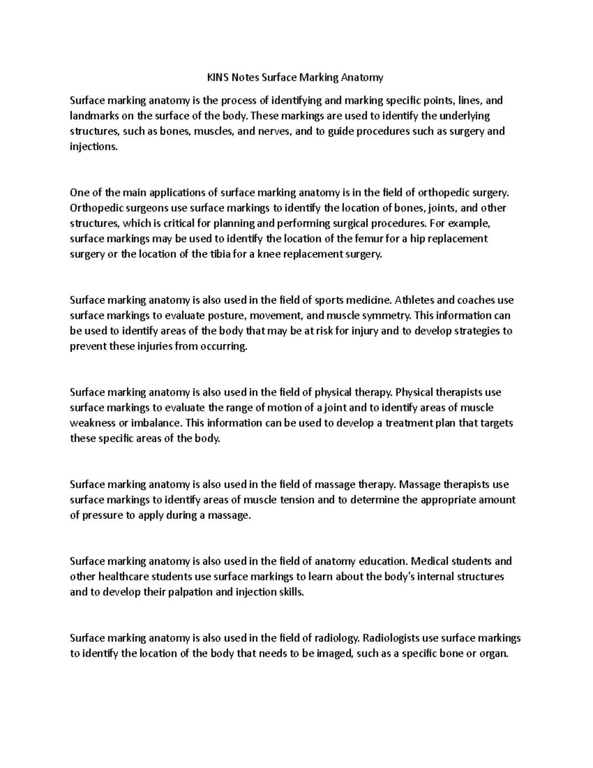 KINS Notes Surface Marking Anatomy KINS Notes Surface Marking Anatomy