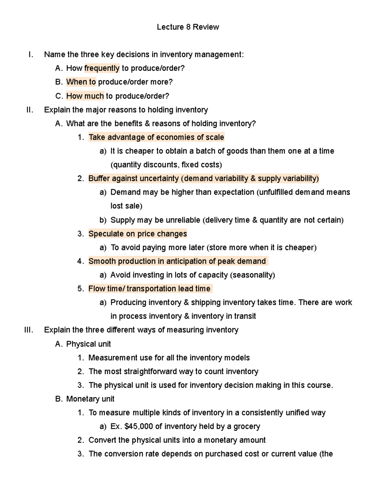 Lec. 8 inventory - Review - Lecture 8 Review I. Name the three key ...