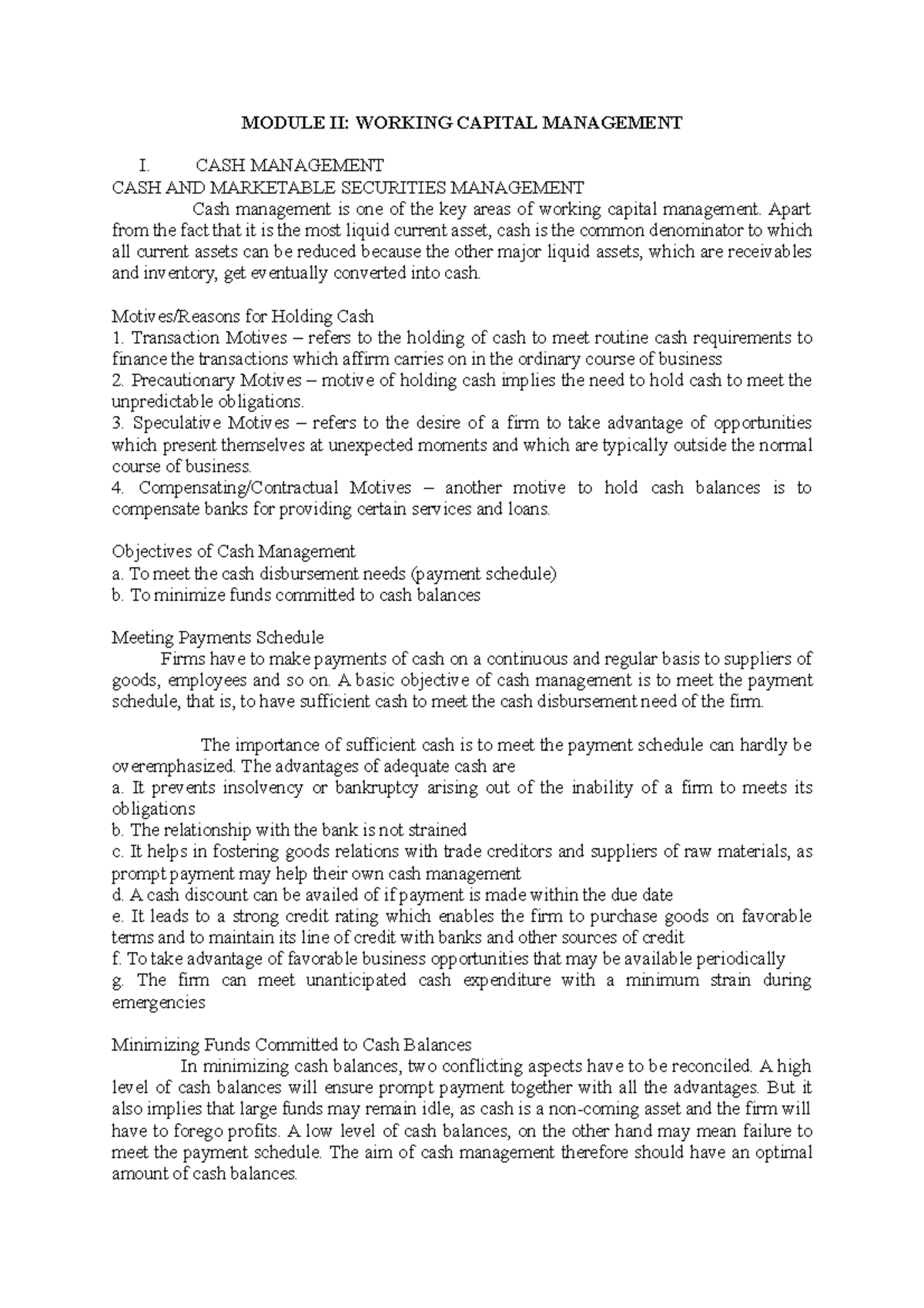 CFMA Modules - MODULE II: WORKING CAPITAL MANAGEMENT I. CASH MANAGEMENT ...