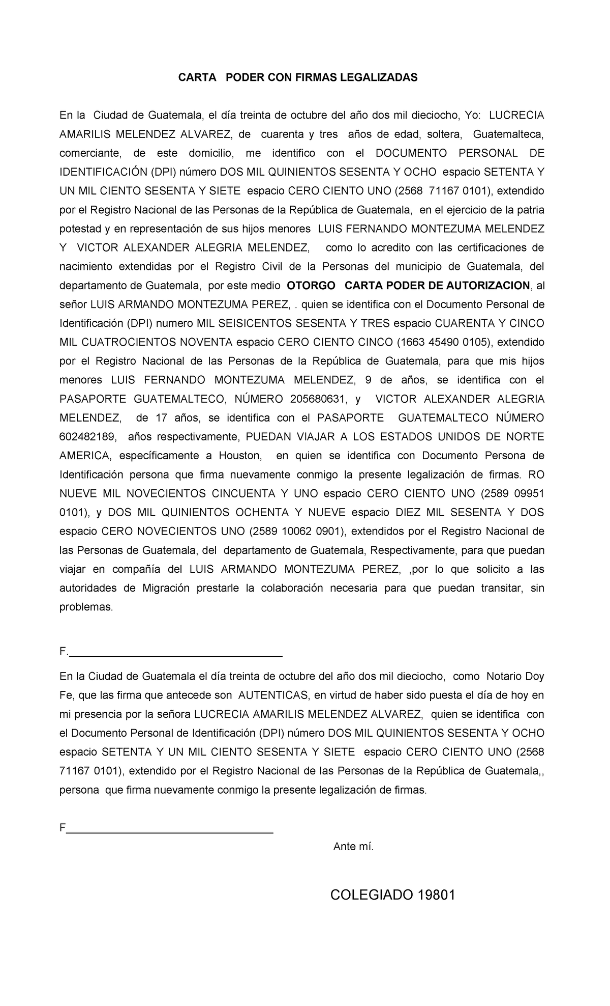Carta Poder PARA Viajar A LOS USA. doc - CARTA PODER CON FIRMAS ...