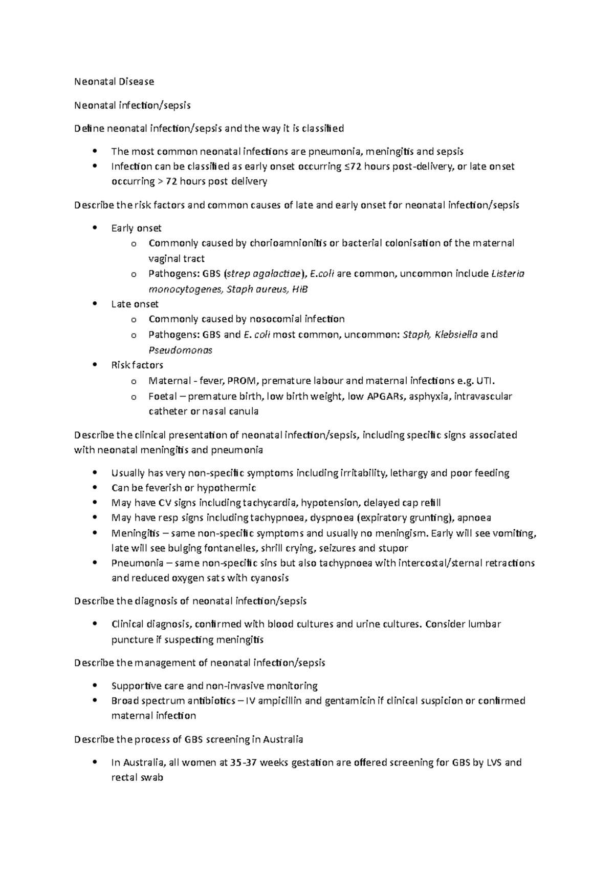 Neonatal disease notes - Neonatal Disease Neonatal infection/sepsis ...