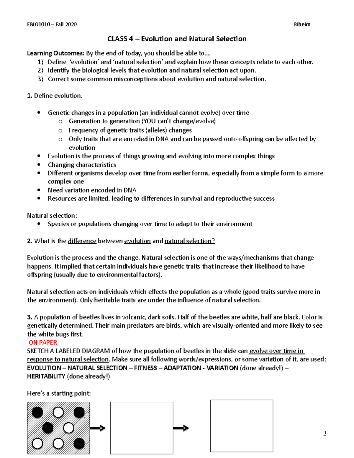 Class 4 - Handout - EBIO1010 – Fall 2020 Ribeiro CLASS 4 – Evolution ...