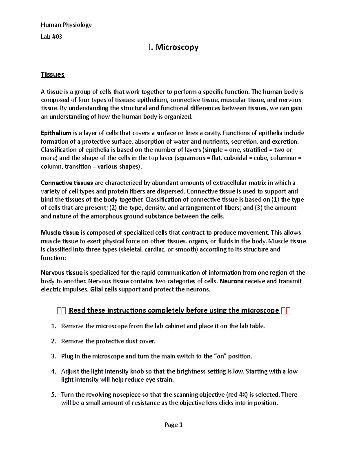Lab 03 Microscopy Lab report. Lab I. Microscopy Tissues A tissue
