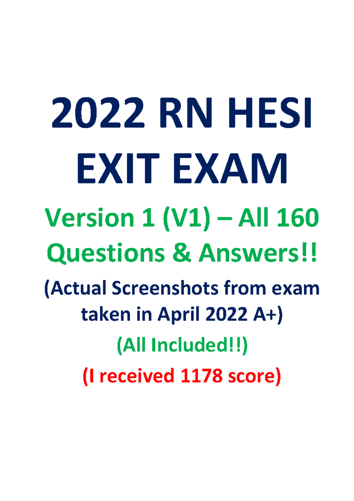 Hessi EXAM V1-160-2022 - NUR2480 - 2022 RN HESI EXIT EXAM Version 1 (V1 ...