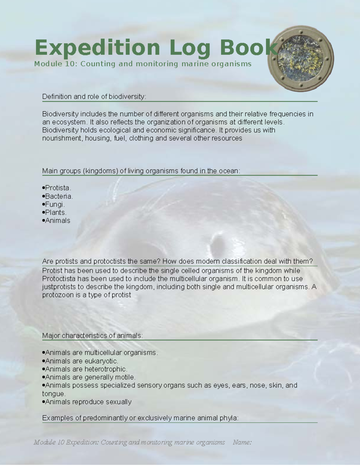 Log Book 10 D Logbook Module 10 Counting and monitoring marine