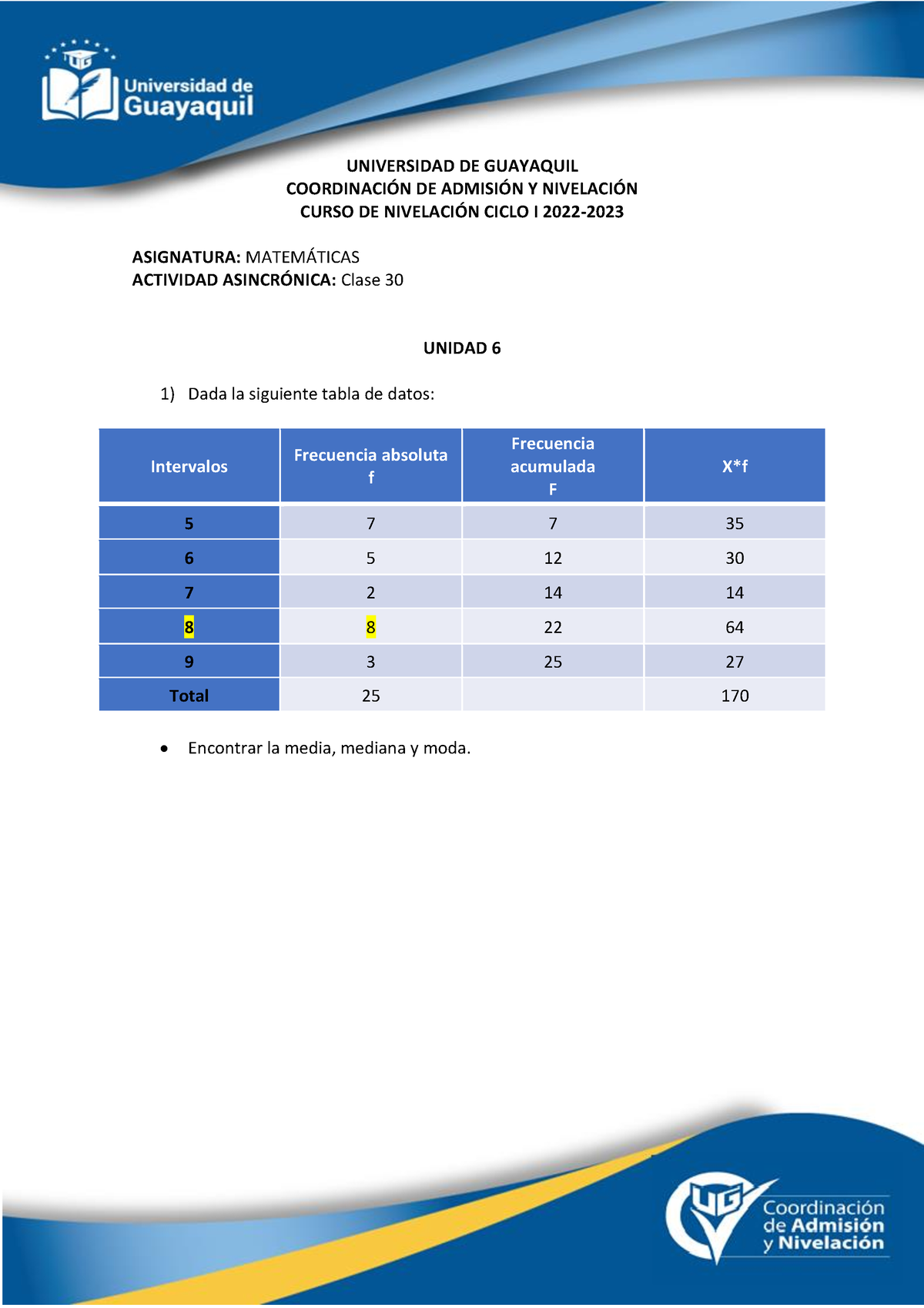 Tarea - U6 - Clase 30 - S8 - UNIVERSIDAD DE GUAYAQUIL COORDINACI”N DE ...