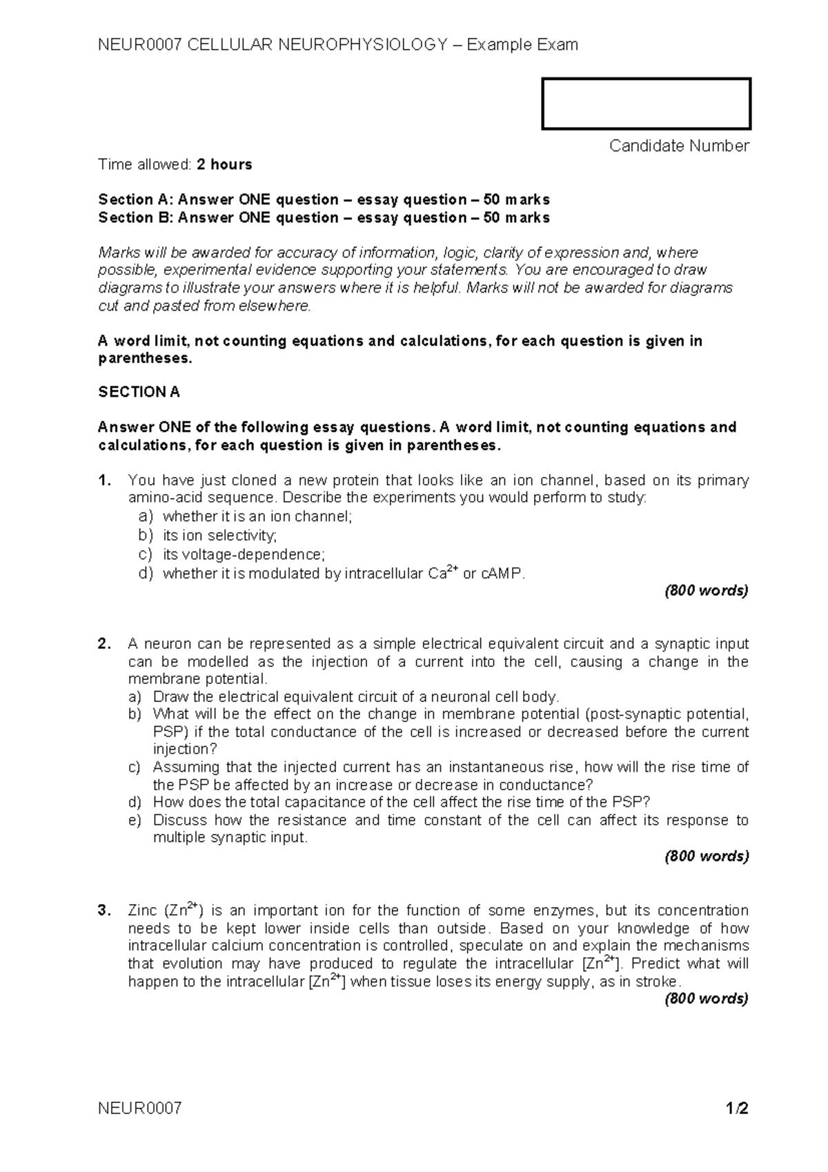 NEUR0007 Exam-Example 2020-21 - NEUR0007 CELLULAR NEUROPHYSIOLOGY ...