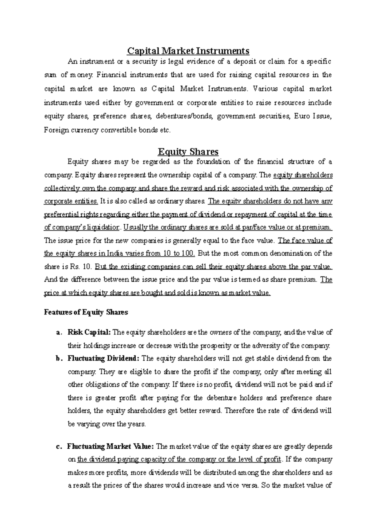 capital market instruments essay