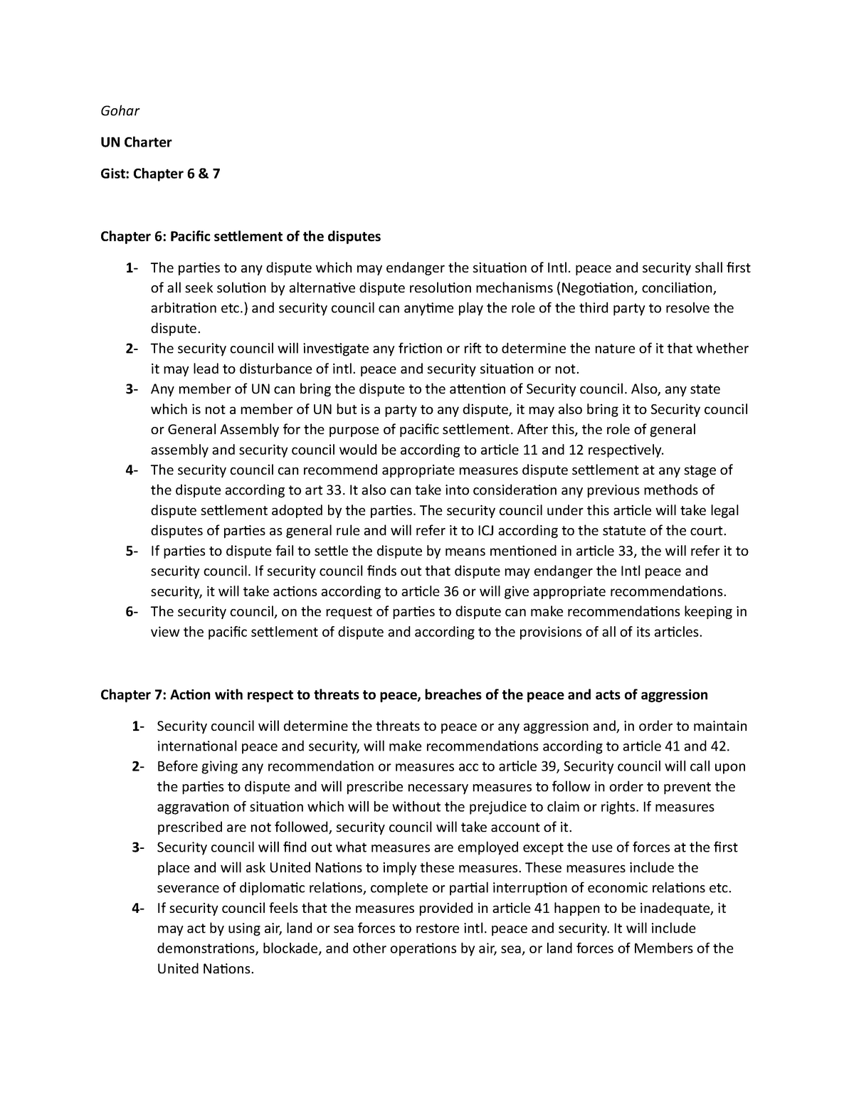 UN charter Gist of Chapter 6 and 7 Gohar UN Charter Gist Chapter 6