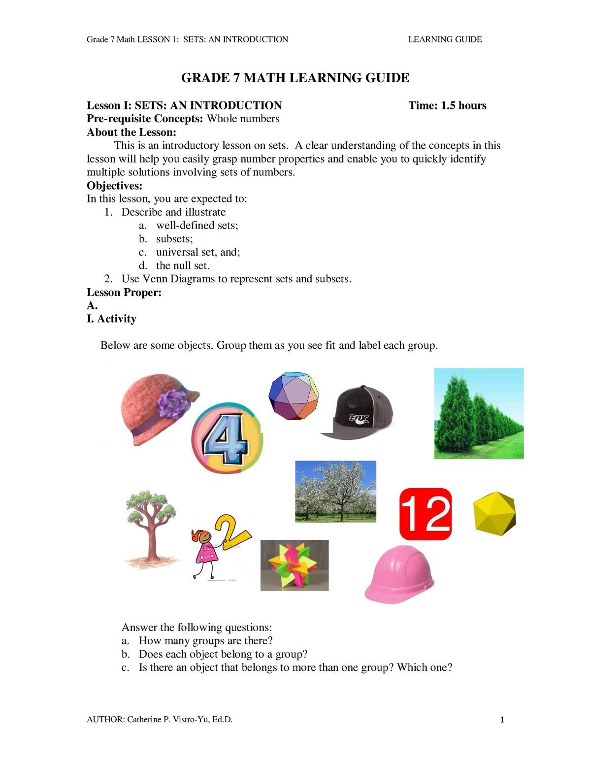 Introduction To Sets Final Lg - GRADE 7 MATH LEARNING GUIDE Lesson I ...