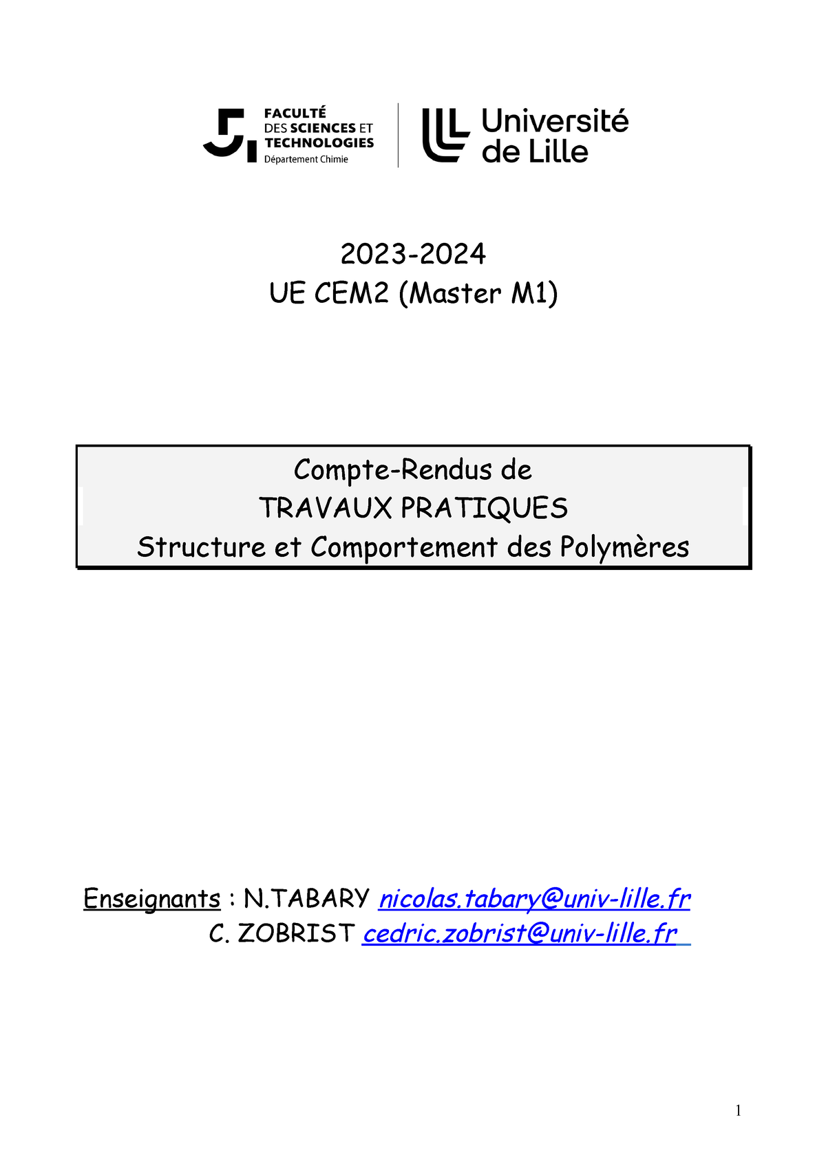 Compte Rendus TP - 2023- UE CEM2 (Master M1) Compte-Rendus De TRAVAUX ...