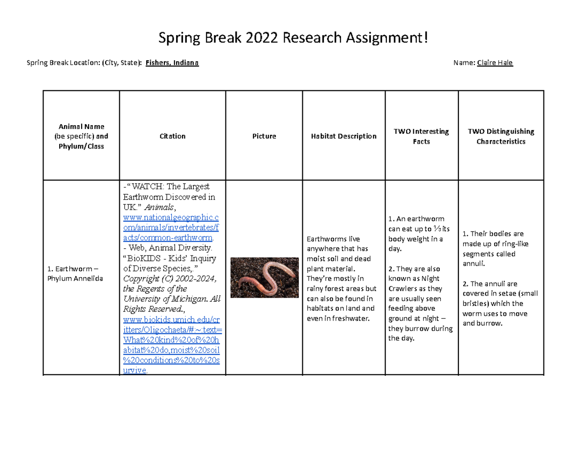 Spring Break Research Assignment - Spring Break Location: (City, State ...