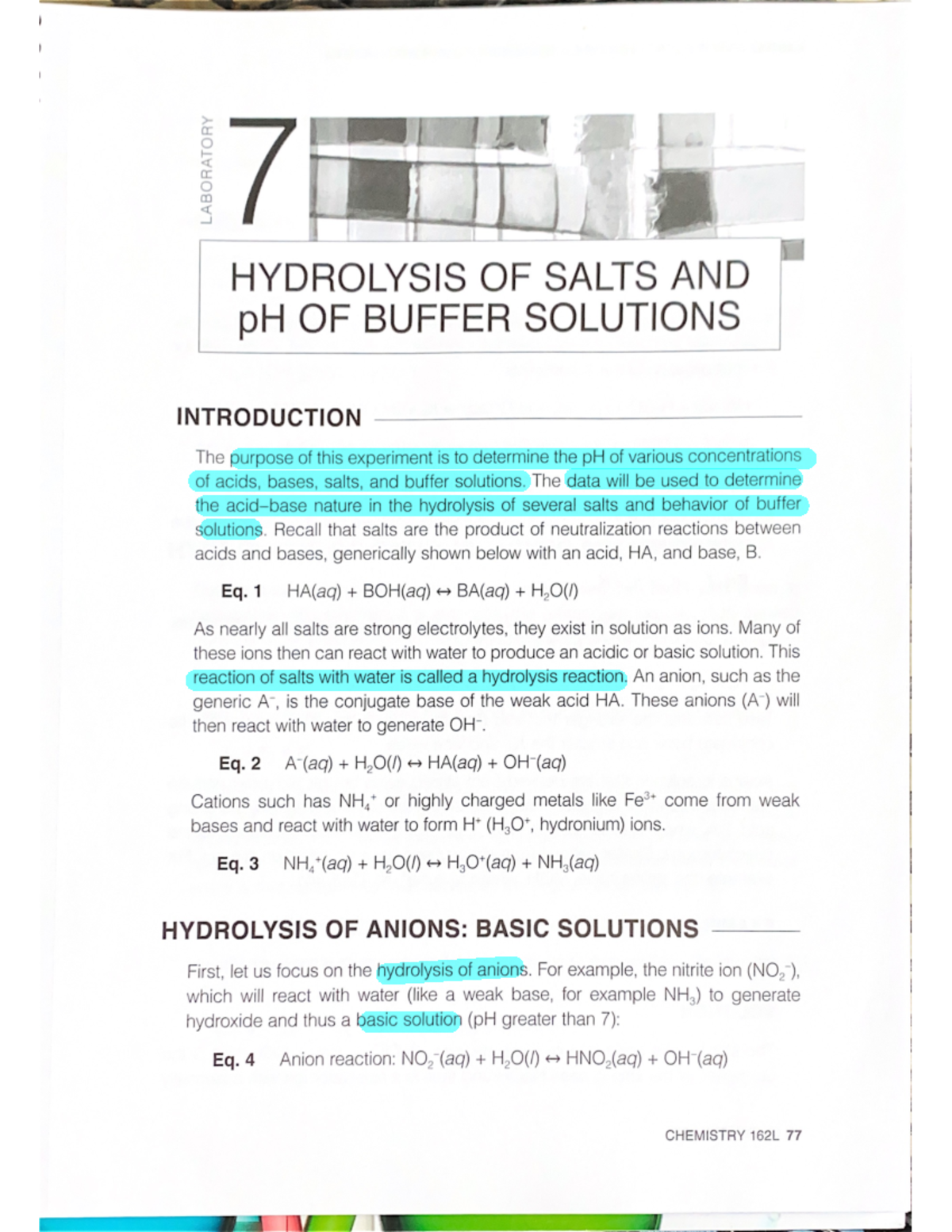 Lab 7 Chem 162 - Chem 162 Lab Manual For Lab 7 - HYDROLYSIS OF SALTS ...