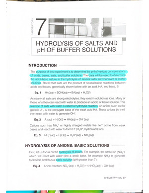 Lab 7 Chem 162 - Chem 162 Lab Manual For Lab 7 - HYDROLYSIS OF SALTS ...