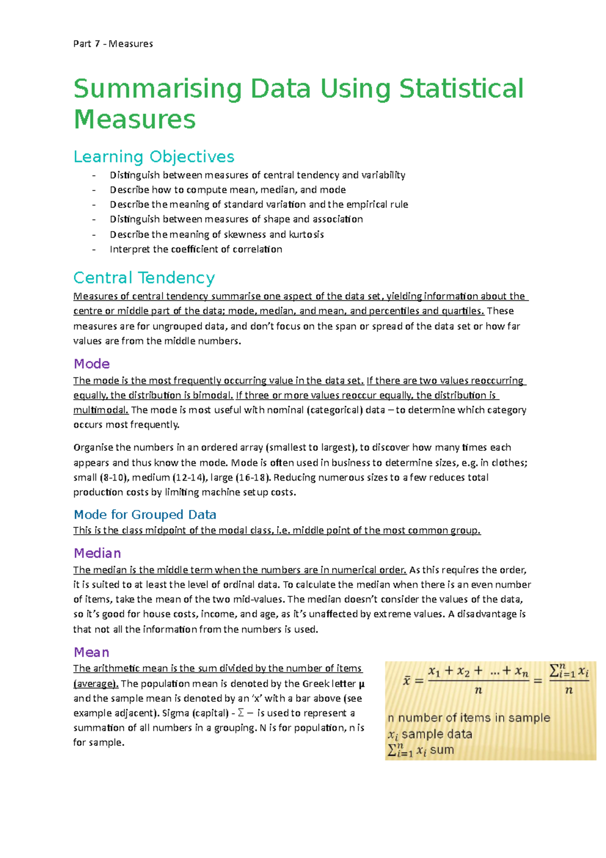 IT & Stats - Measures - Lecture notes Part 7 - Part 7 - Measures ...
