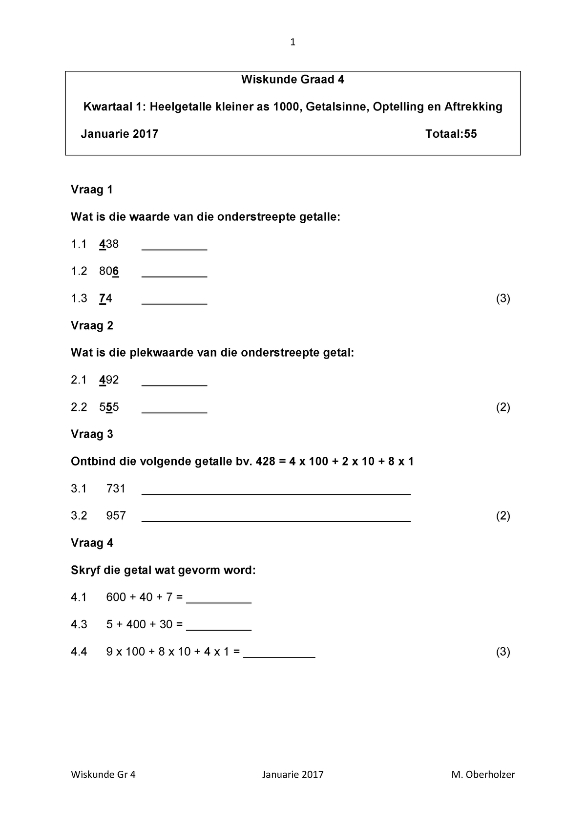 Heelgetalle Getalsinne Vir Optel En Aftrekking Oefening - - Studocu