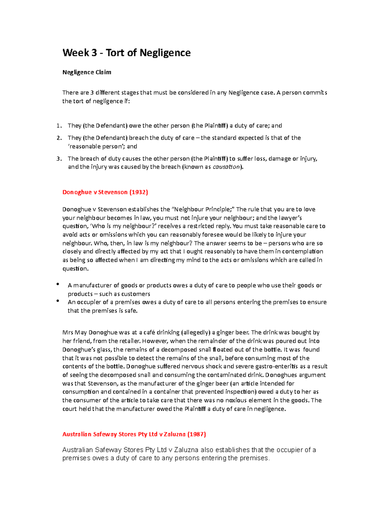 LAWS1100 Torts Notes and Case Analysis - Week 3 - Tort of Negligence ...