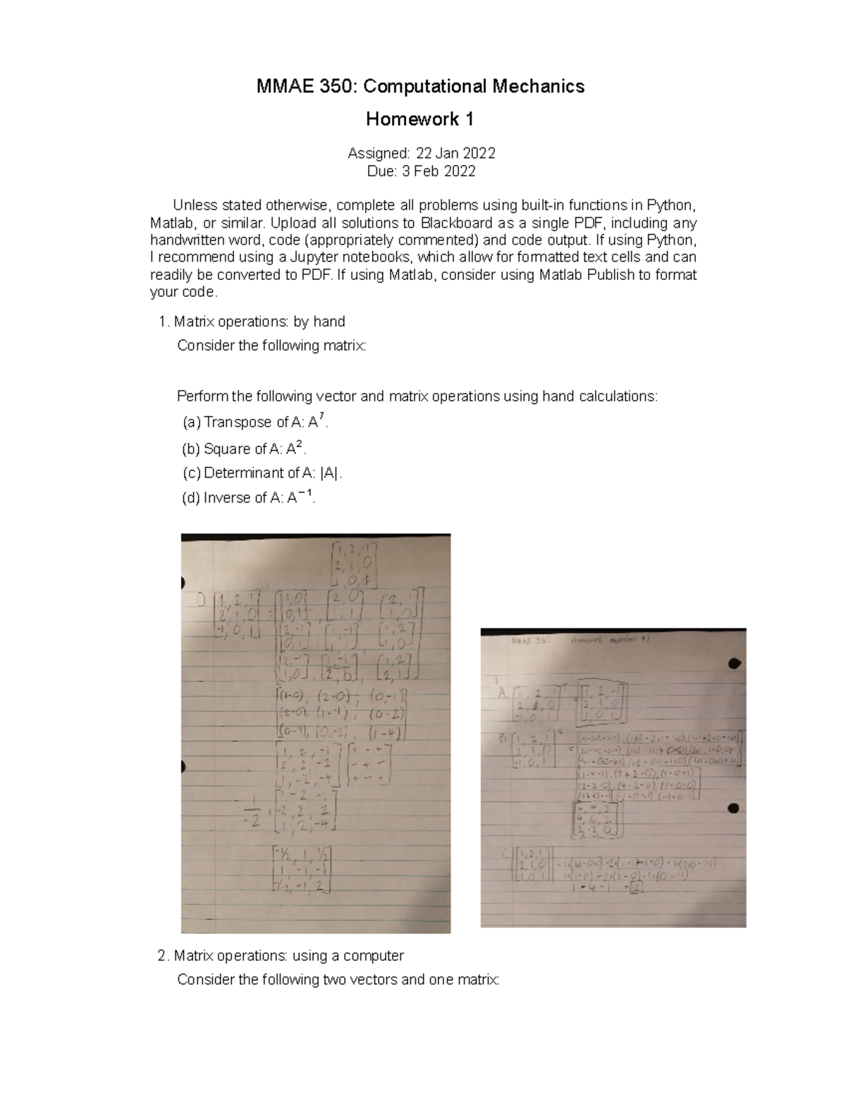 MMAE350 Homework #1 - MMAE 350: Computational Mechanics Homework 1 ...