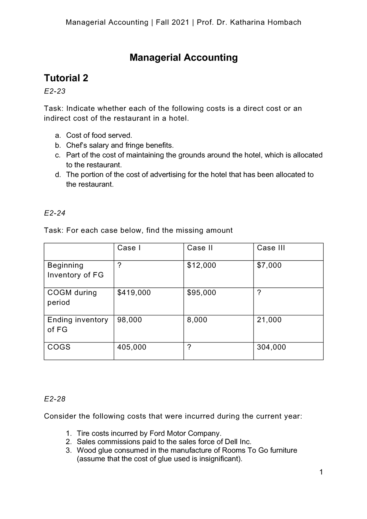 Tutorial Managerial Accounting 2 Managerial Accounting Fall 2021 Prof Dr Katharina 6765