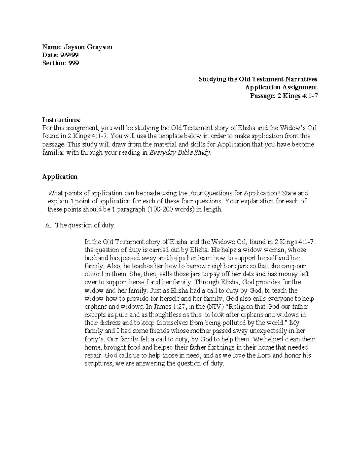 BIBL 105 Observation Assignment - Name: Jayson Grayson Date: 9/9 ...