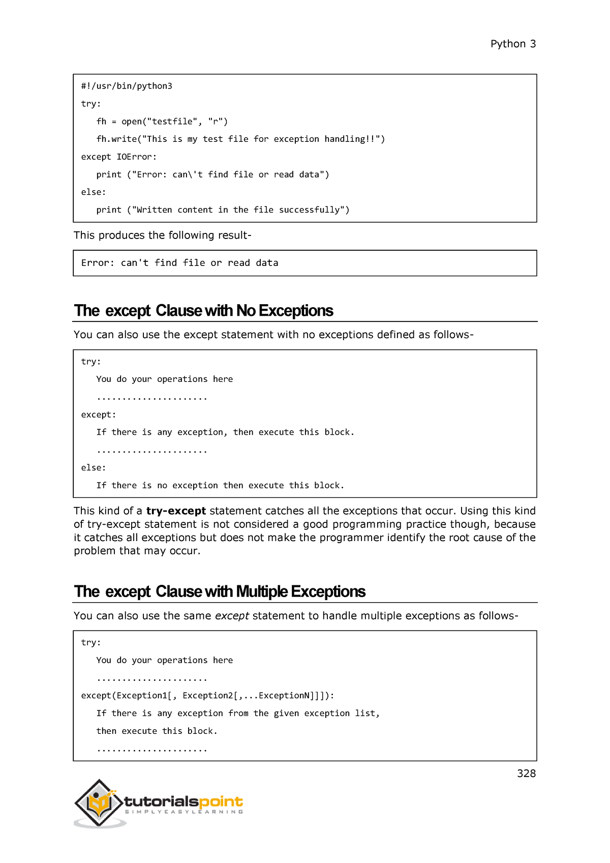 Python Tutorial-18 - #!/usr/bin/python Try: Fh = Open("testfile", "r ...