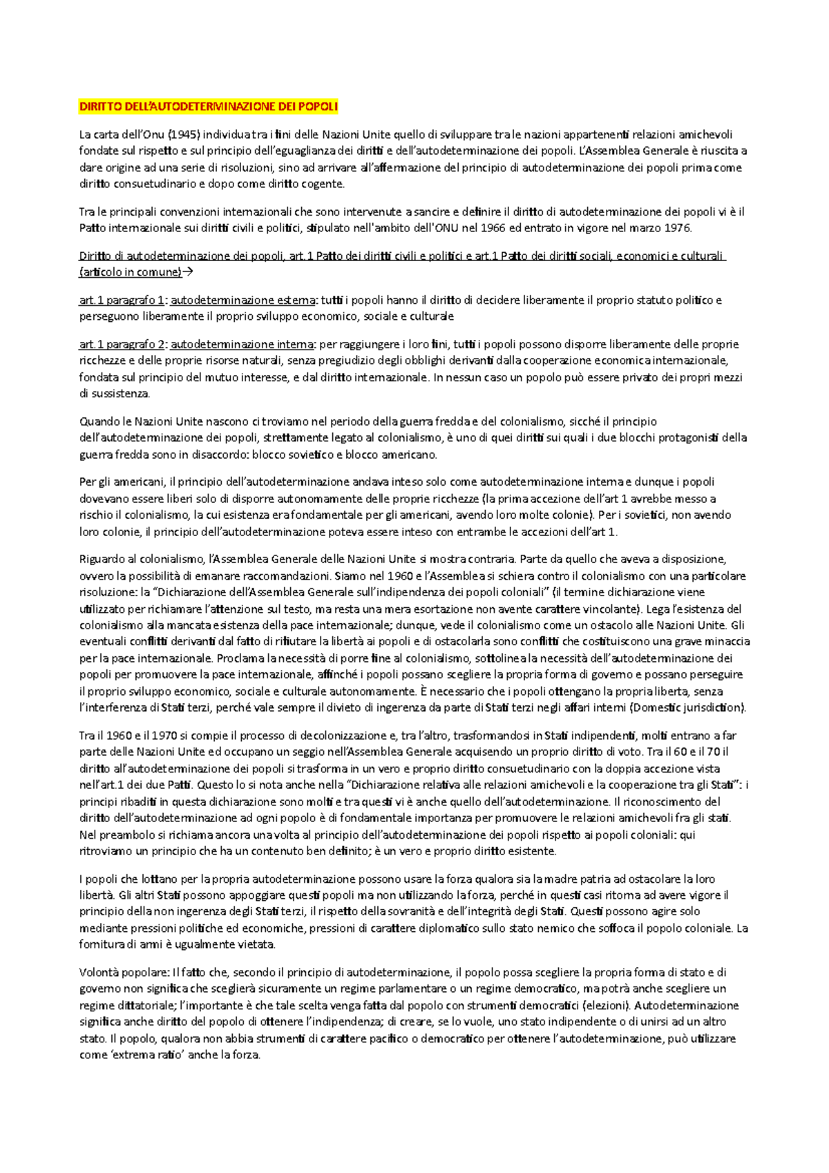 Tutela 1 - DIRITTO DELL’AUTODETERMINAZIONE DEI POPOLI La Carta Dell’Onu ...