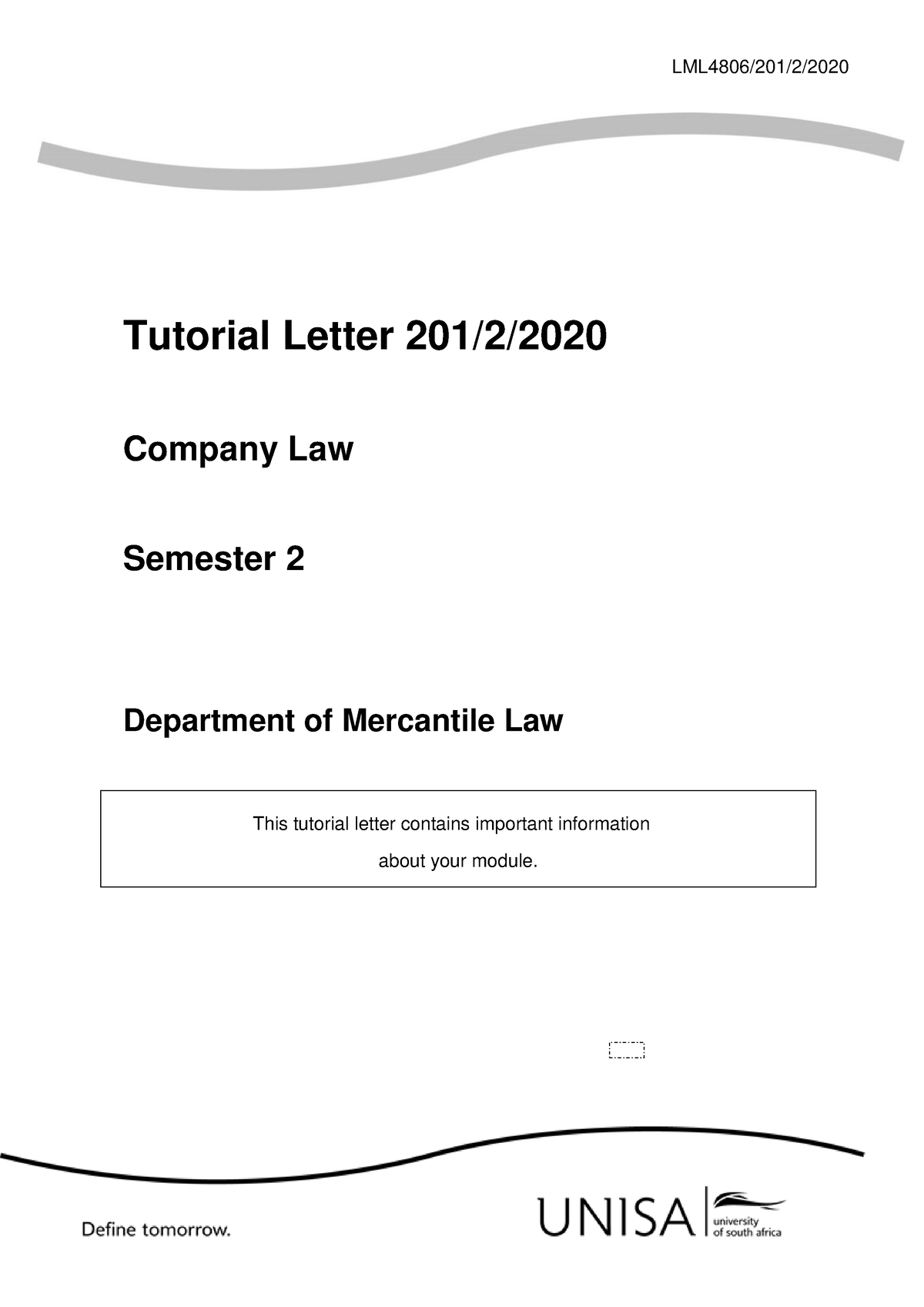 Tut 201 Of 2020 -2 - Tutorial Letter Sent By Lecturers For LML4806 ...