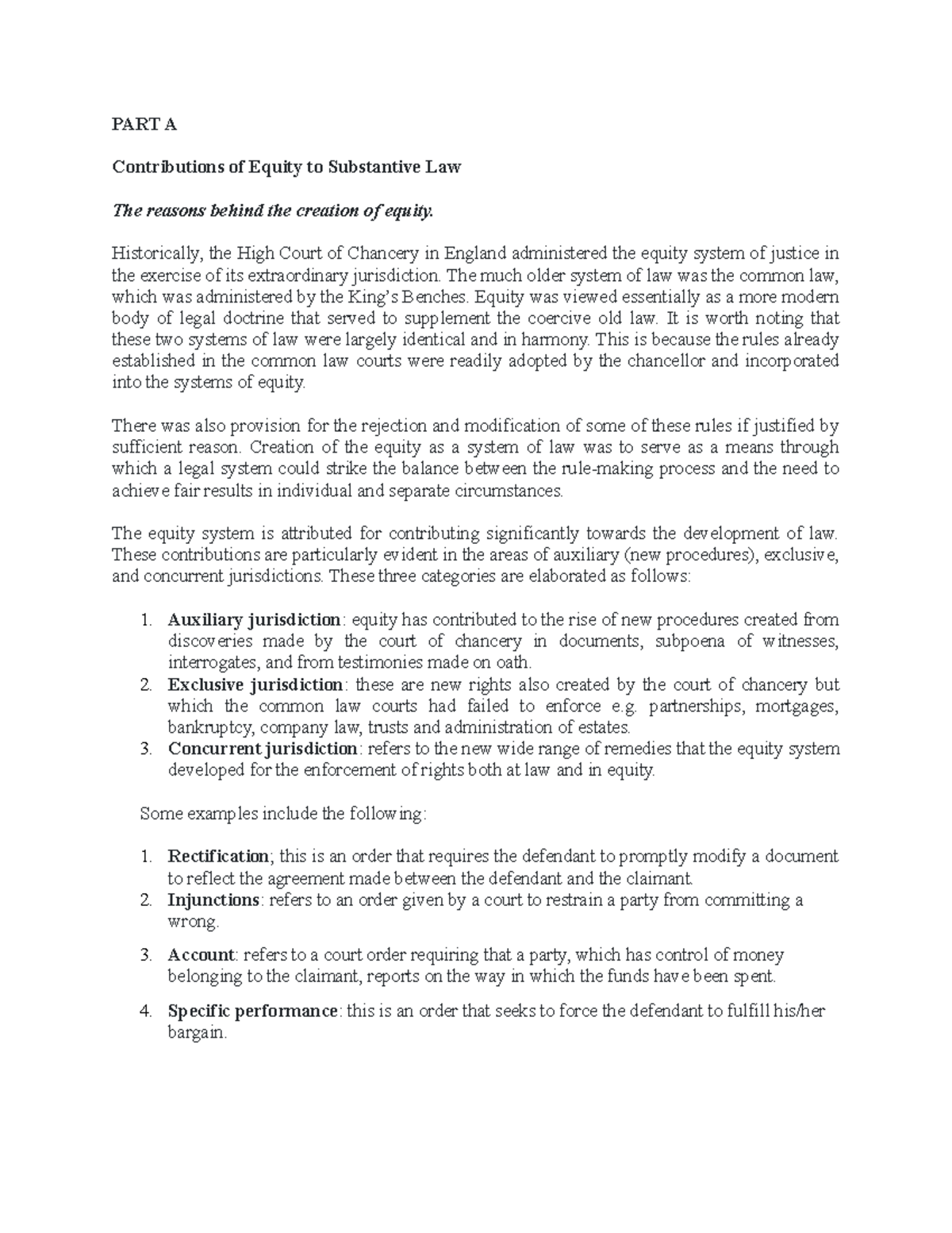 Equitable remedies summary lecture notes - PART A Contributions of ...