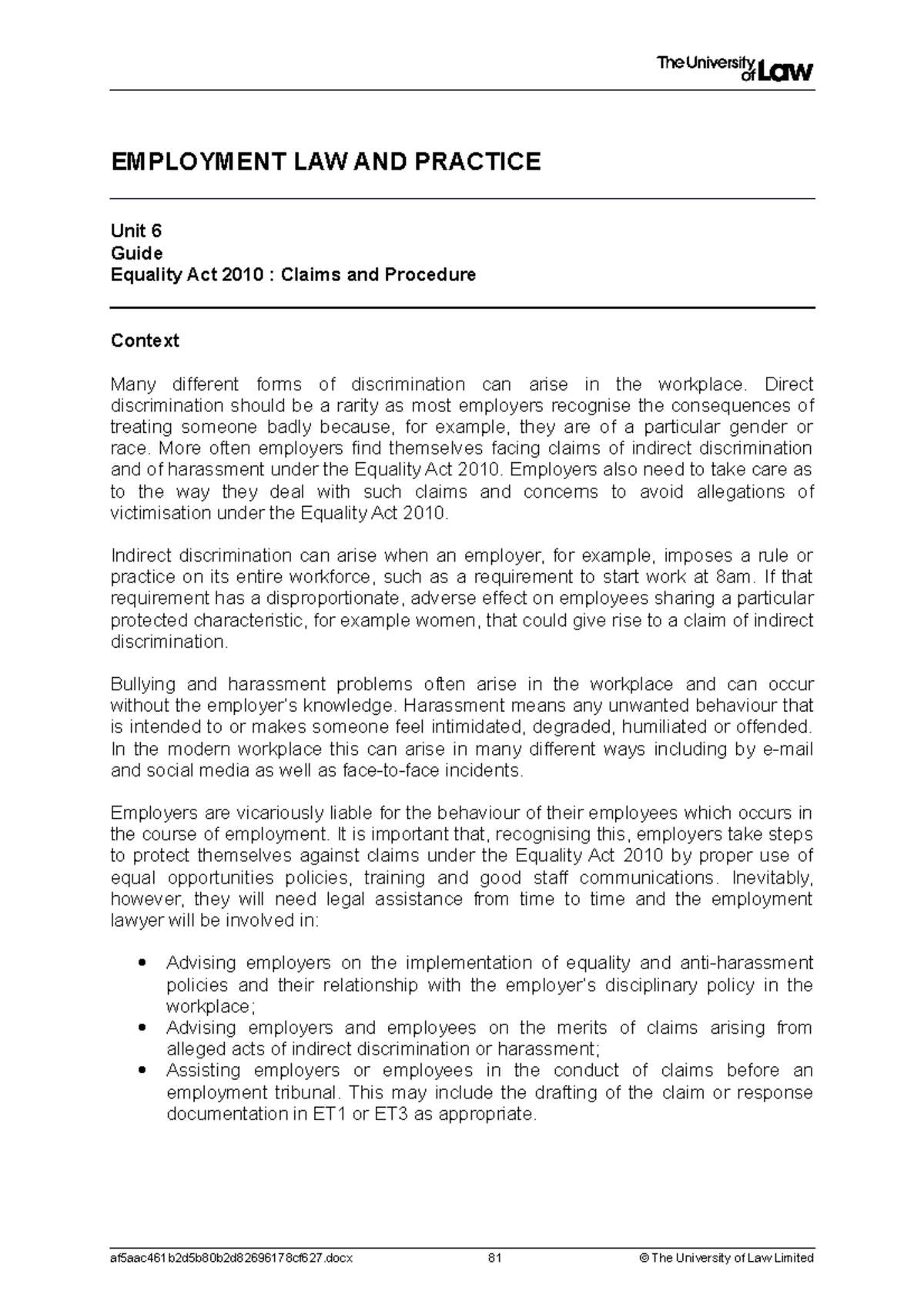 2122 emp ws06 ce01 guide - EMPLOYMENT LAW AND PRACTICE Unit 6 Guide ...