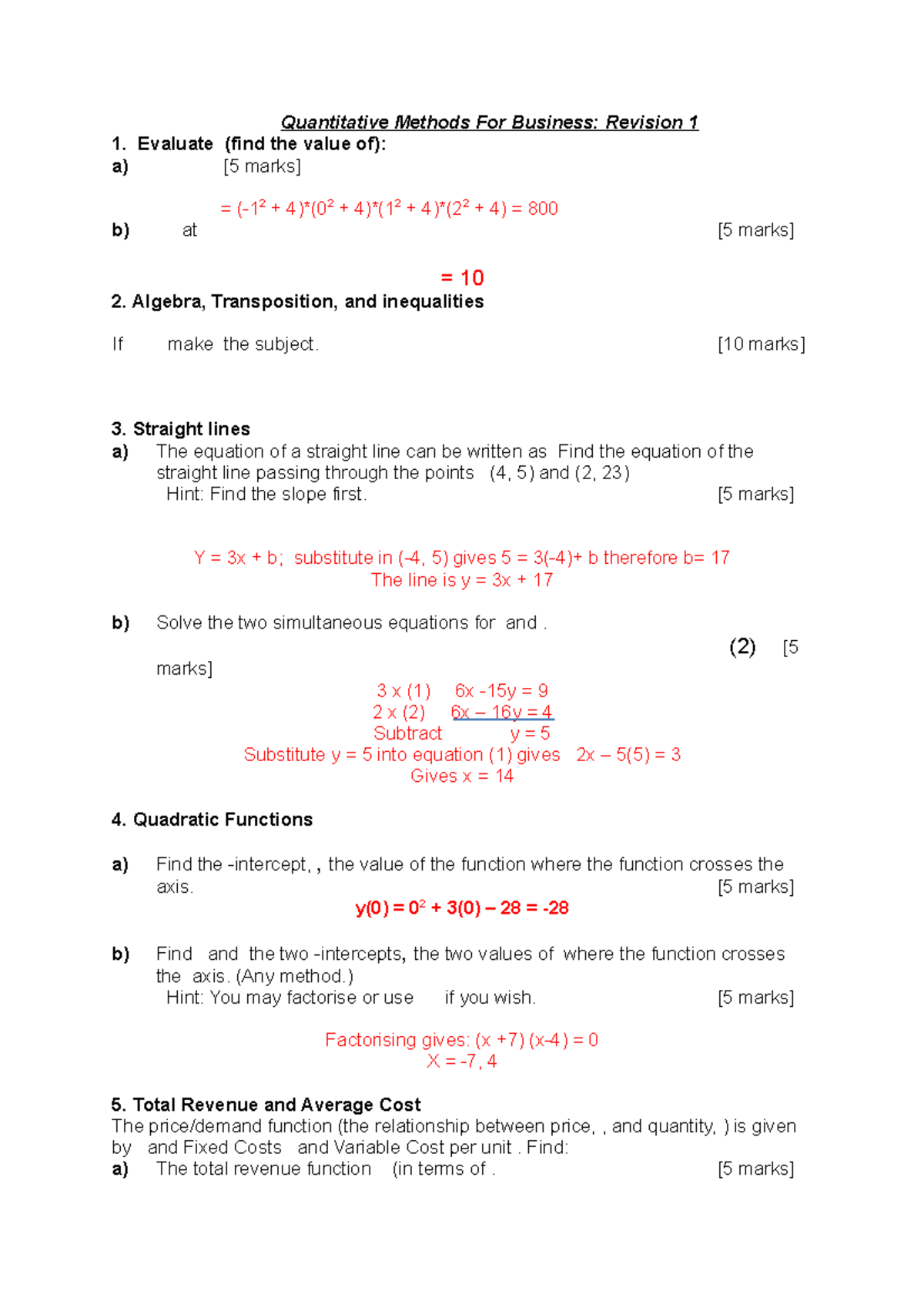 Revision Test 1 answers - Quantitative Methods For Business: Revision 1 ...