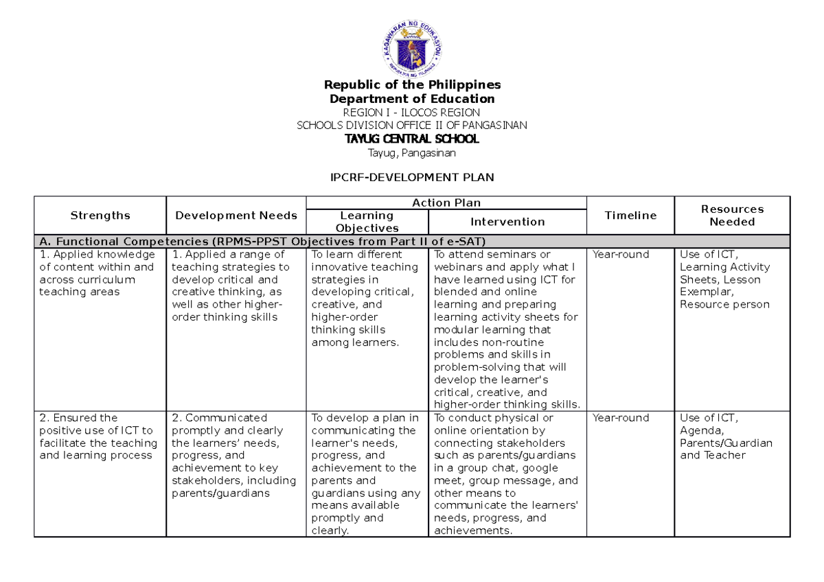 Ipcrf- Development-PLAN - Republic of the Philippines Department of ...