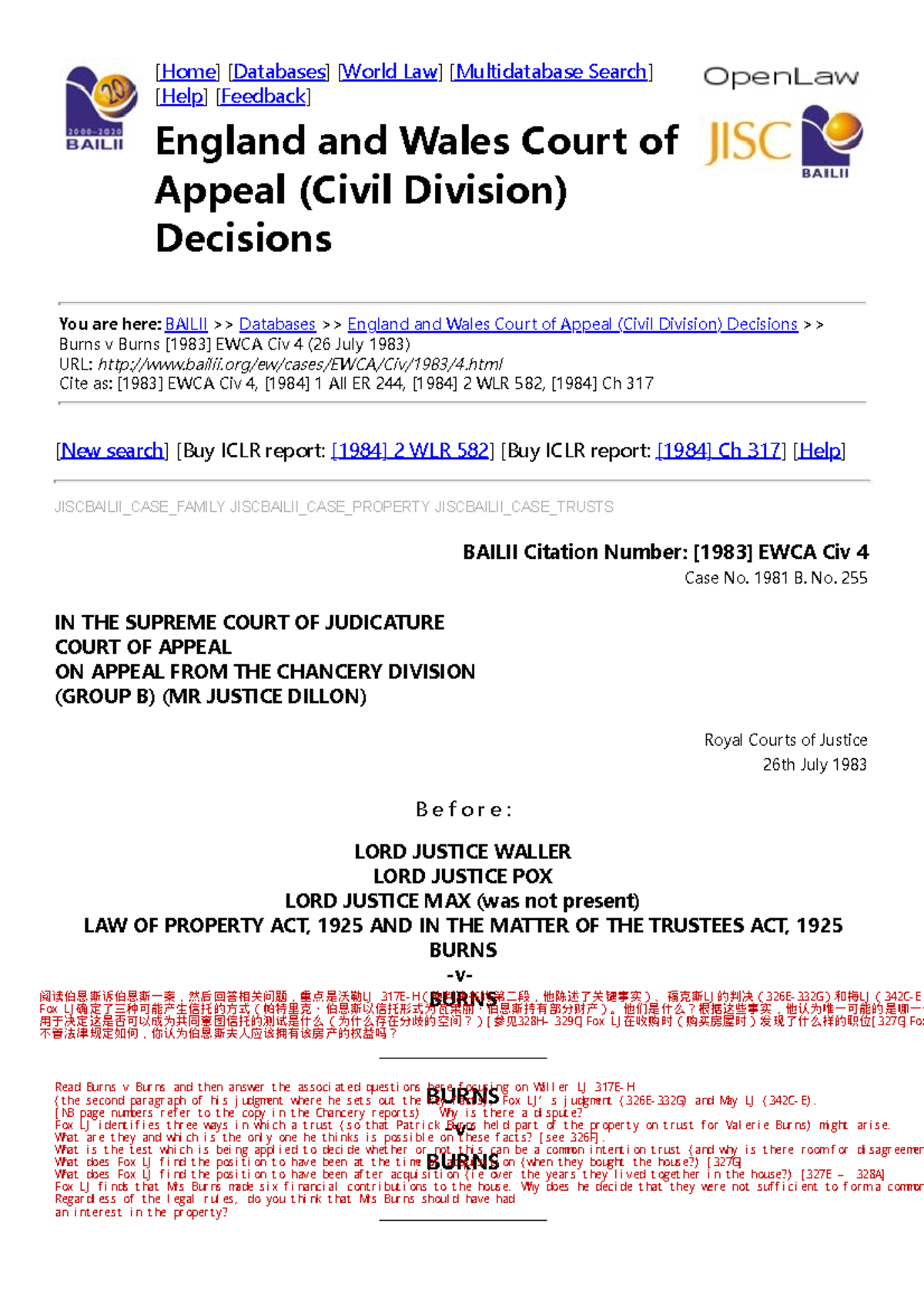 Burns v Burns [1983] EWCA Civ 4 (26 July 1983) [Home] [Databases