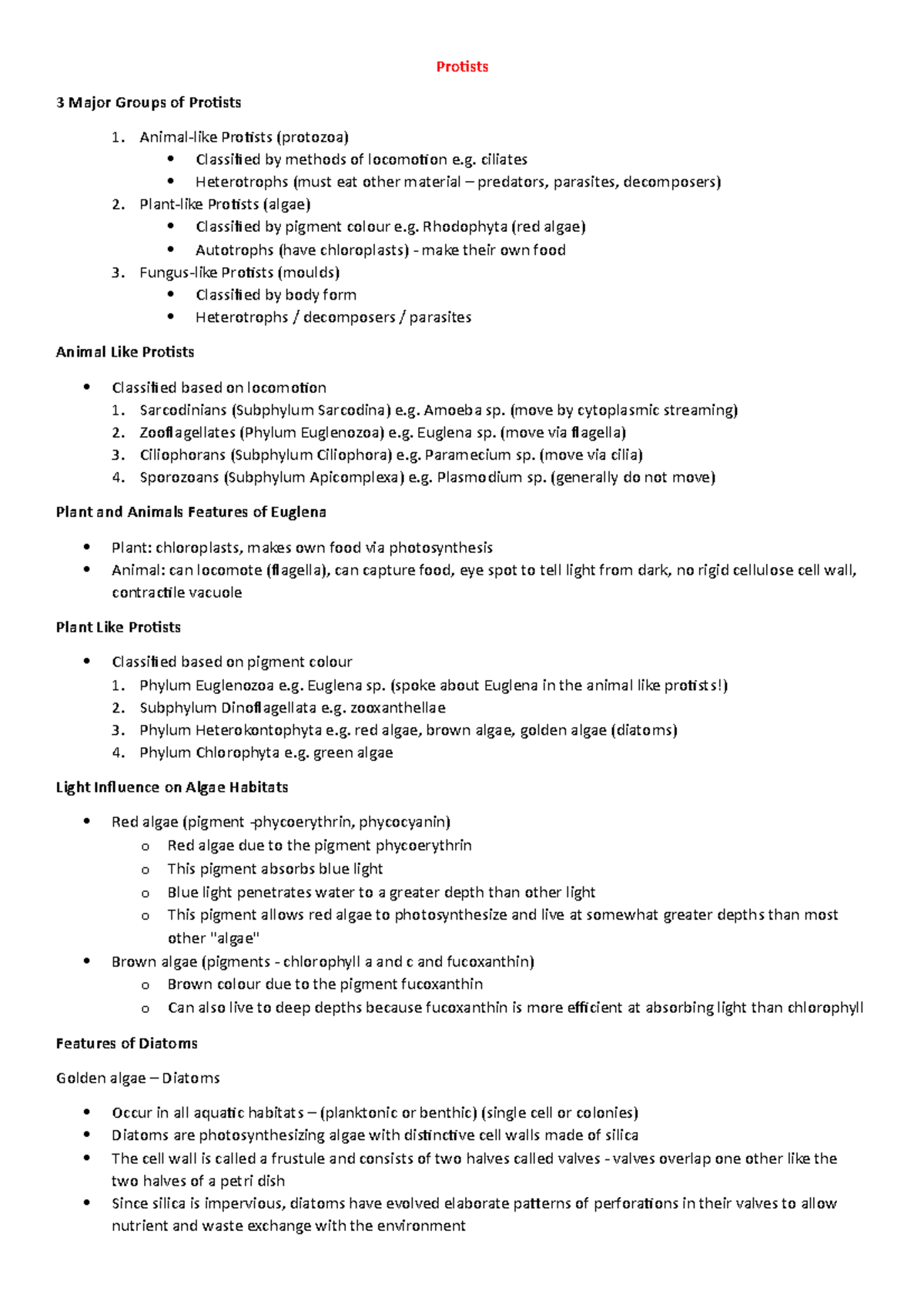 Summary Exam Notes - Protists 3 Major Groups of Protists Animal-like ...