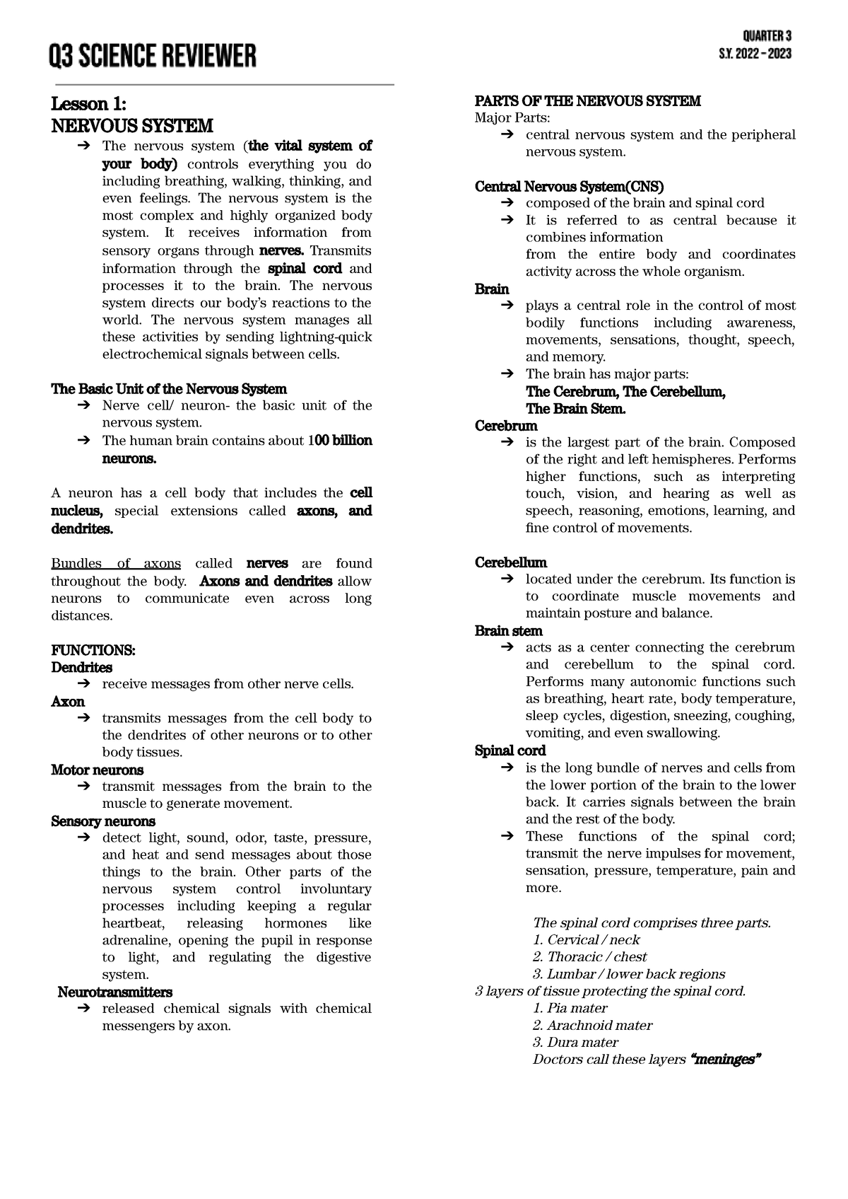 Q3- Science- Reviewer POPO - Lesson 1: NERVOUS SYSTEM The Nervous ...