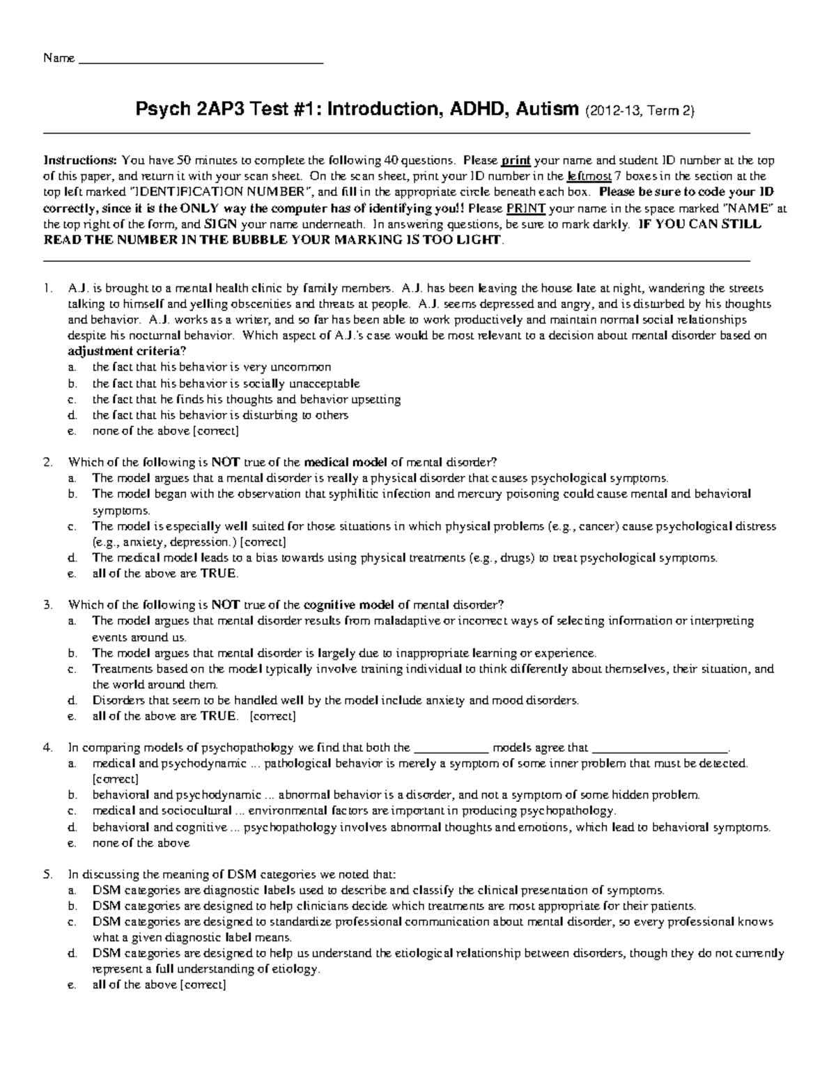 Exam 2013, questions and answers Abnormal Psychology Fundamentals