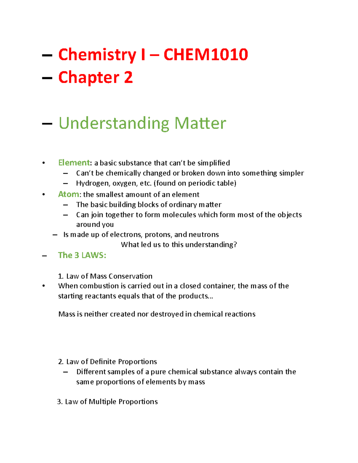Chapter 2 - Lecture notes 3 - – Chemistry I – CHEM1010 – Chapter 2 ...