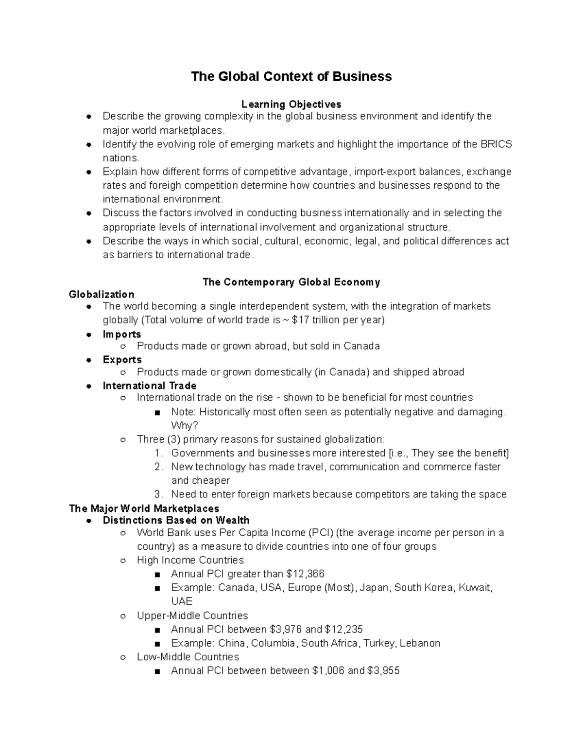 Chapter 5 Notes - The Global Context of Business Learning Objectives ...