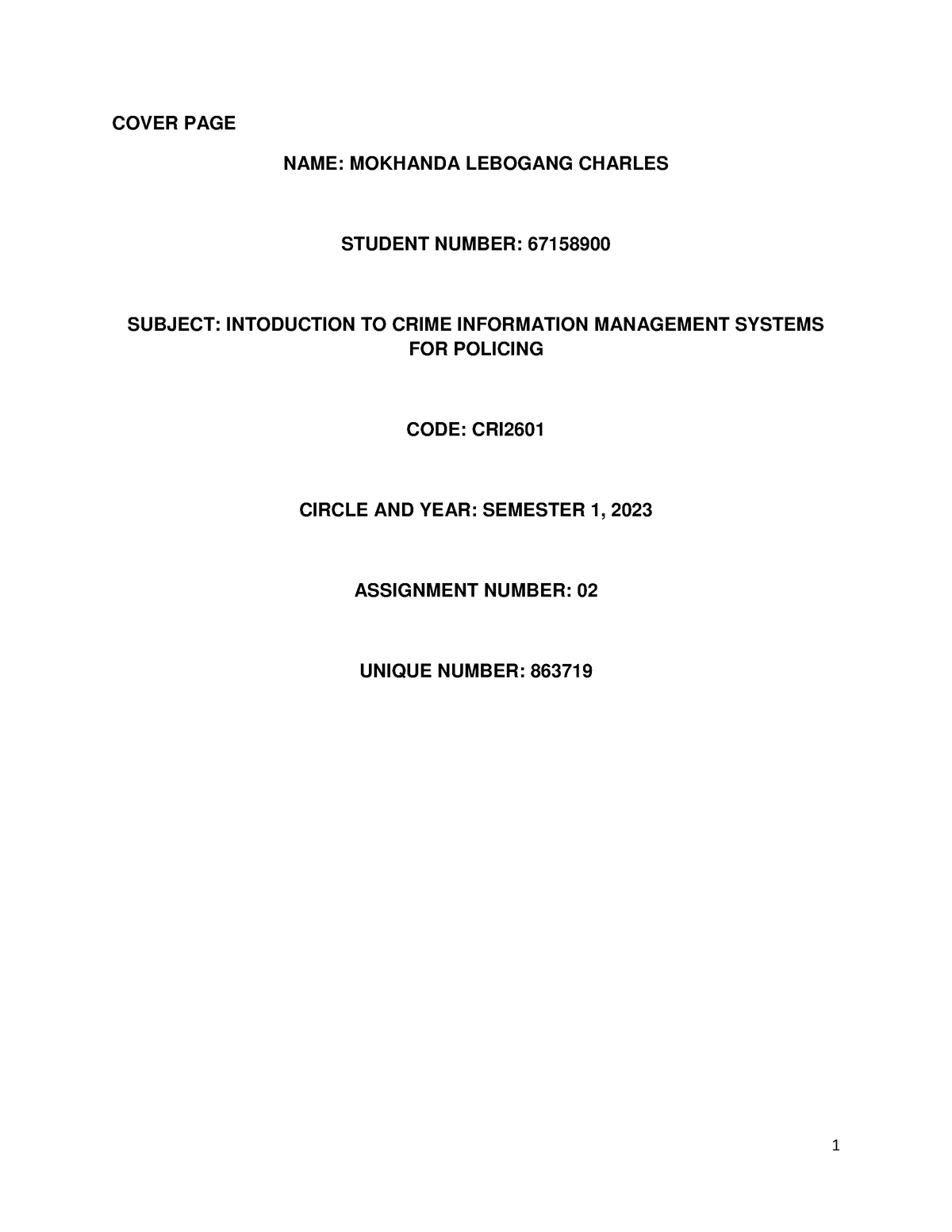 CRI2601 Assignment 02 - COVER PAGE NAME: MOKHANDA LEBOGANG CHARLES ...