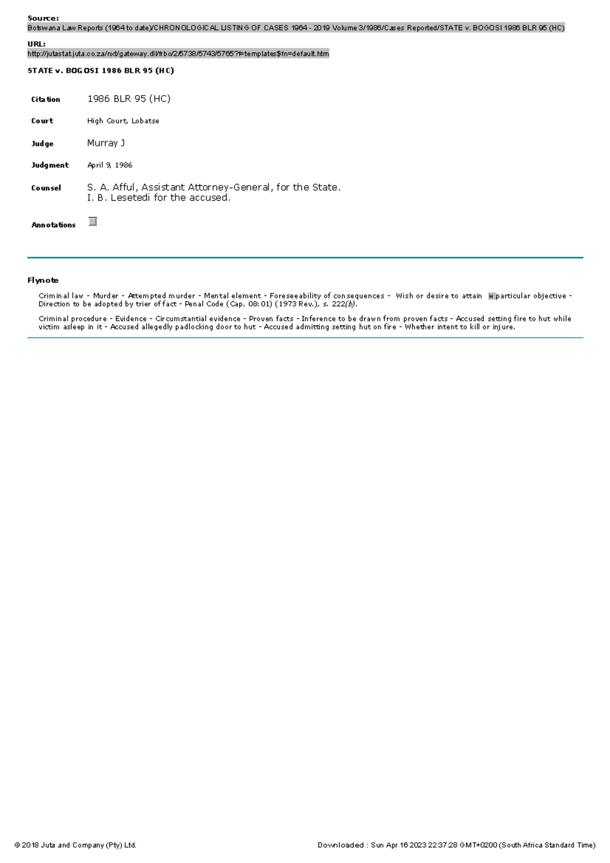 State v Bogosi 1986 Source Botswana Law Reports (1964 to date